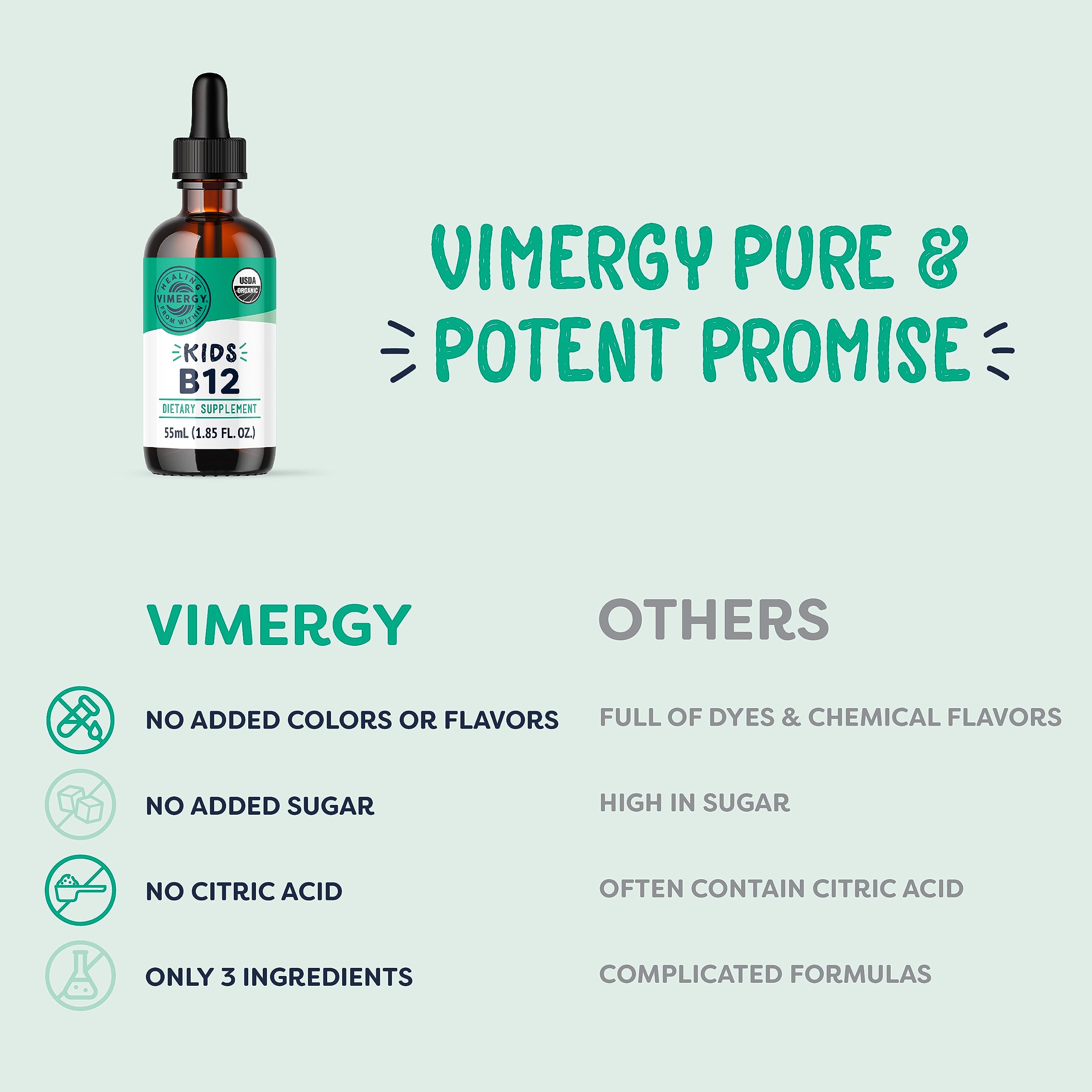 Vimergy Kids B12, frasco de 55 ml, formato práctico.