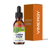 ViMergy melisa tintura orgánica en botella de 30 ml para uso diario.