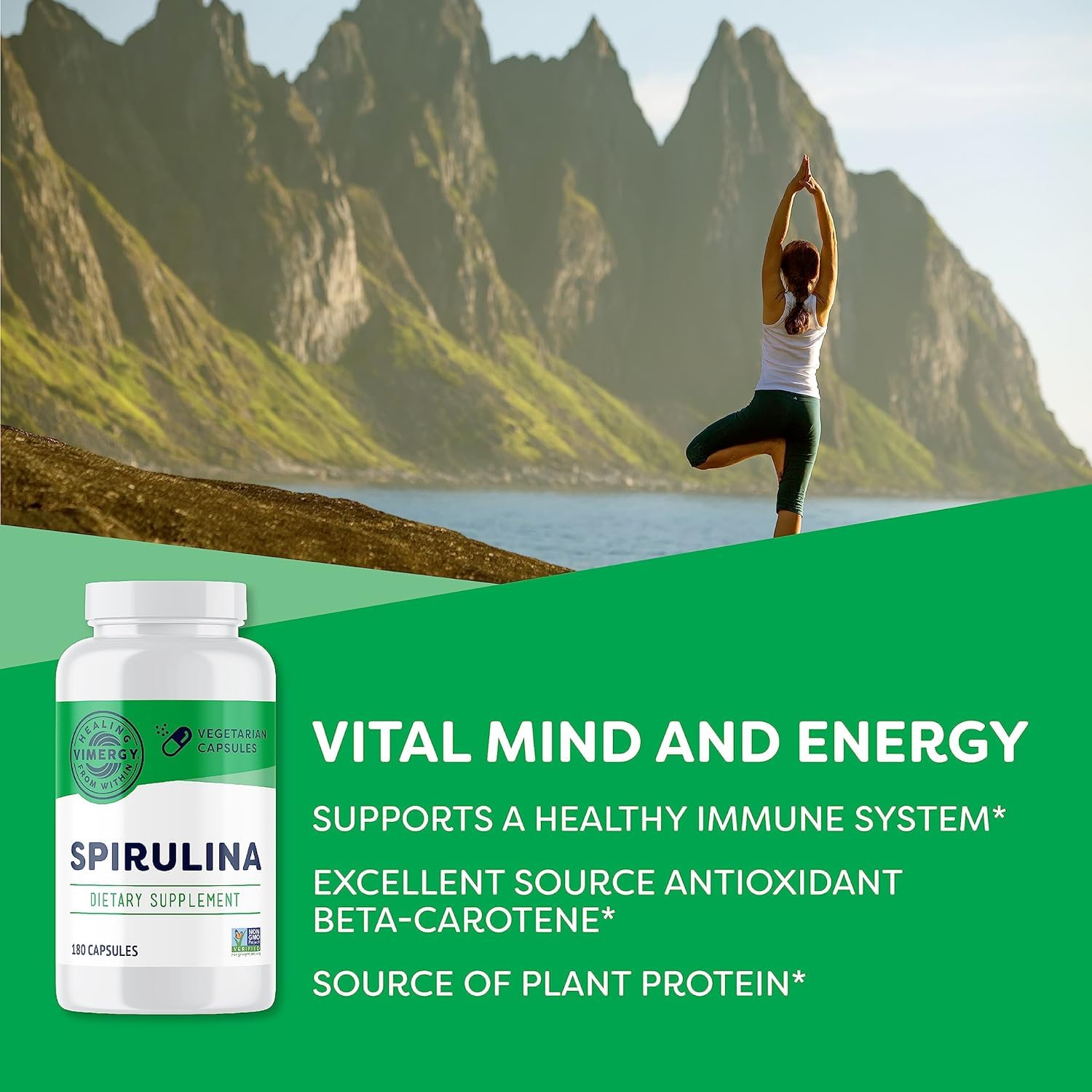 Vimergy Spirulina: cápsulas fáciles de digerir para mezclar en agua o batido