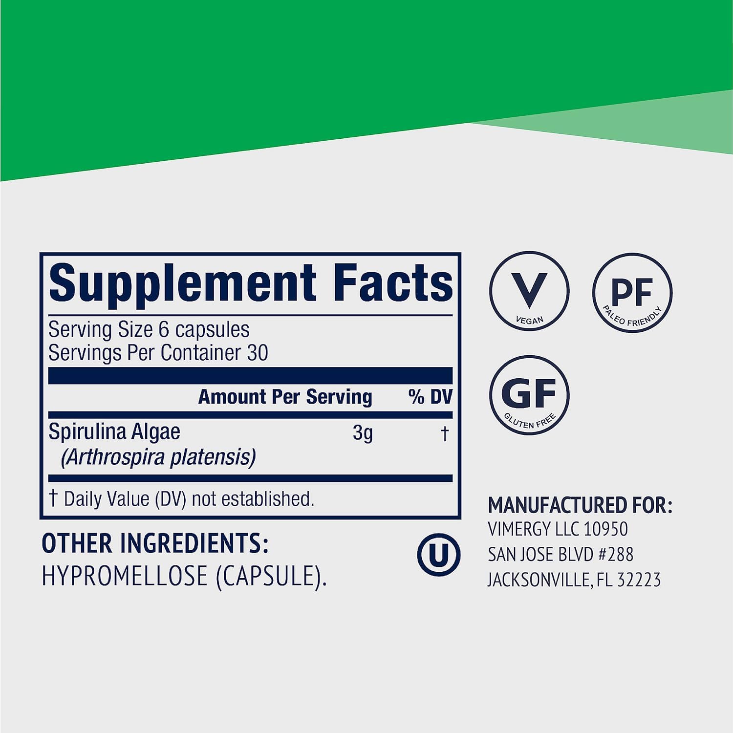 Vimergy Spirulina: envase limpio, libre de aditivos innecesarios