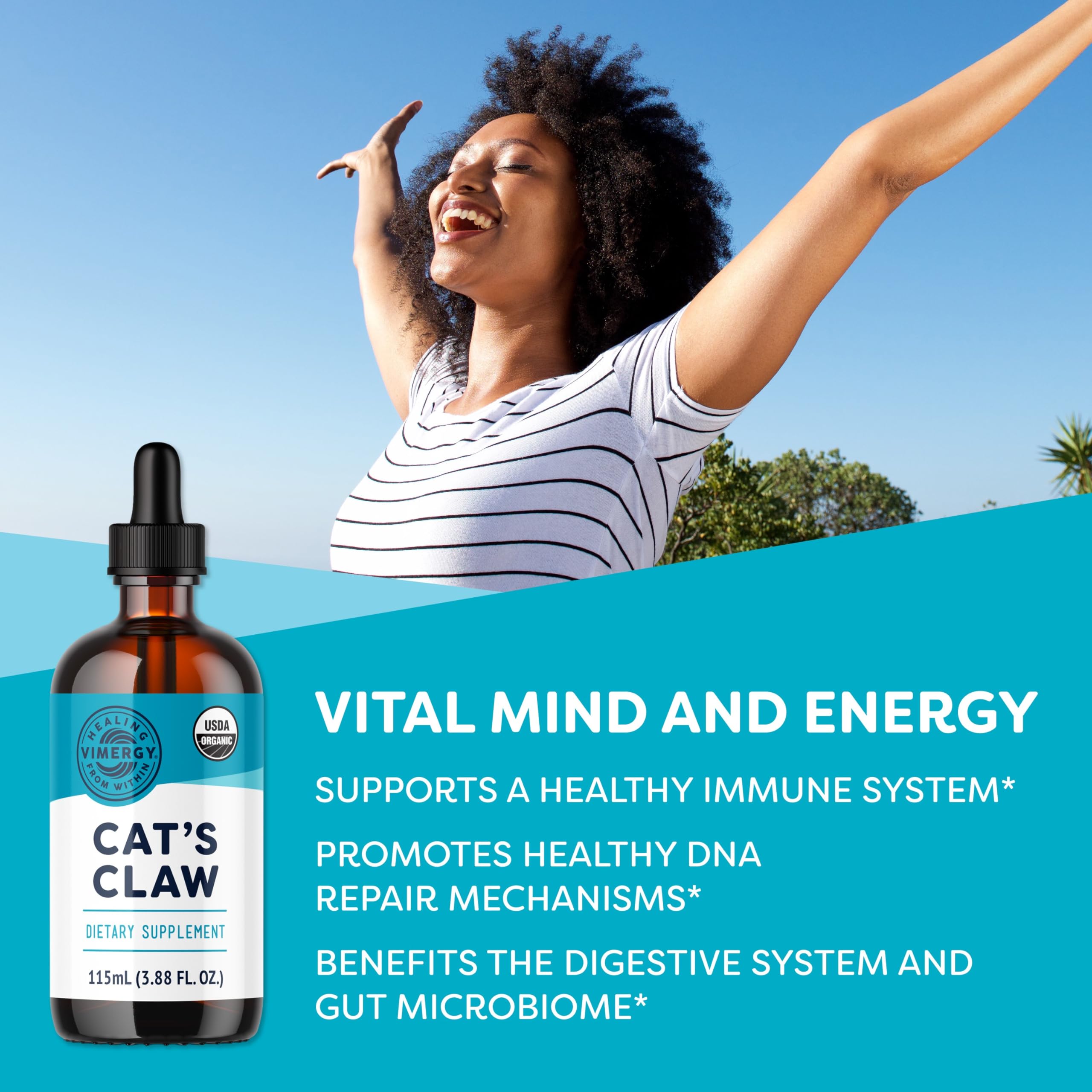 Vimergy Uña de Gato líquido, cuentagotas: dosis fácil y sin alcohol.
