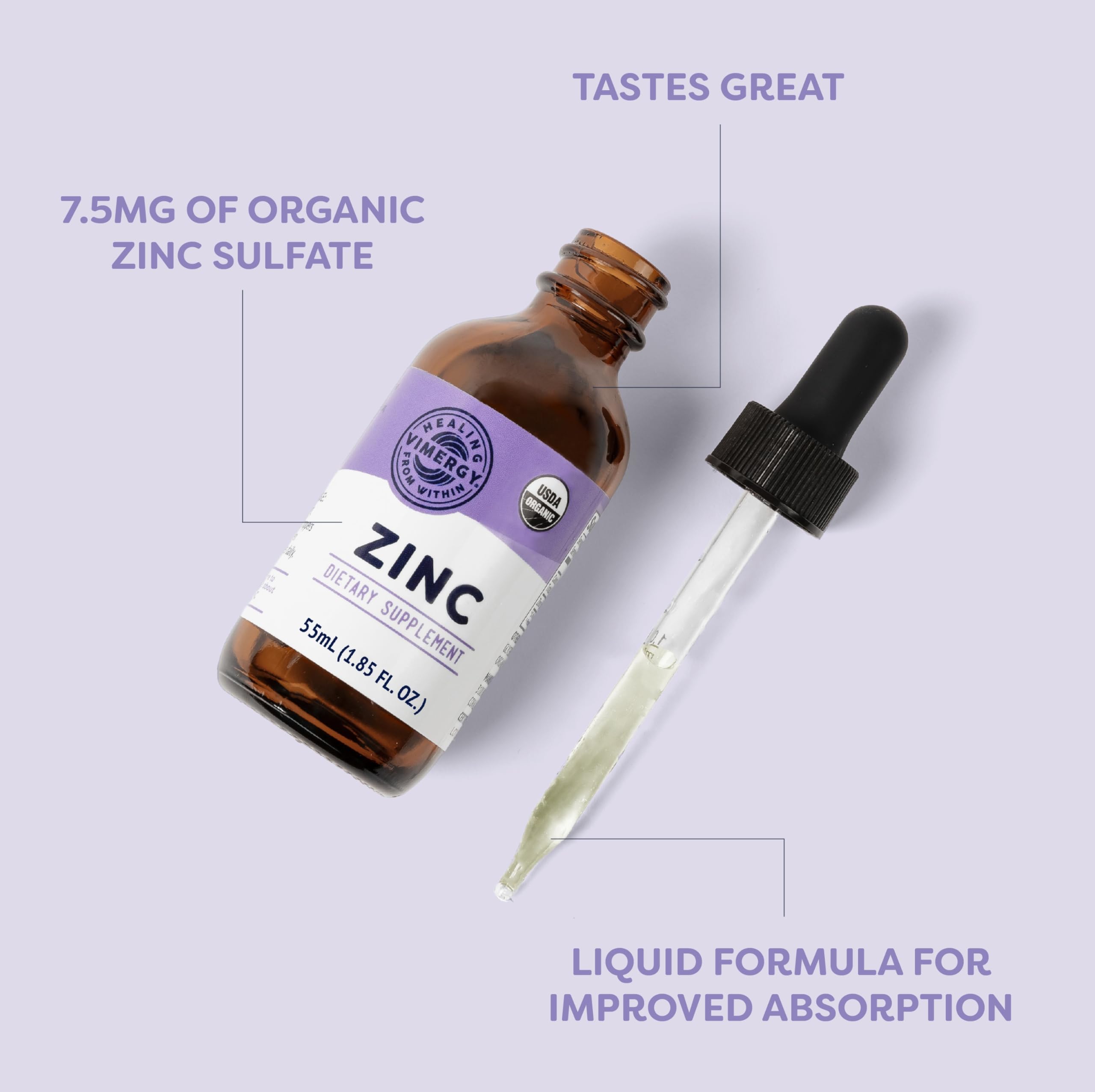 Frasco de Vimergy Zinc con etiqueta clara para medición segura.