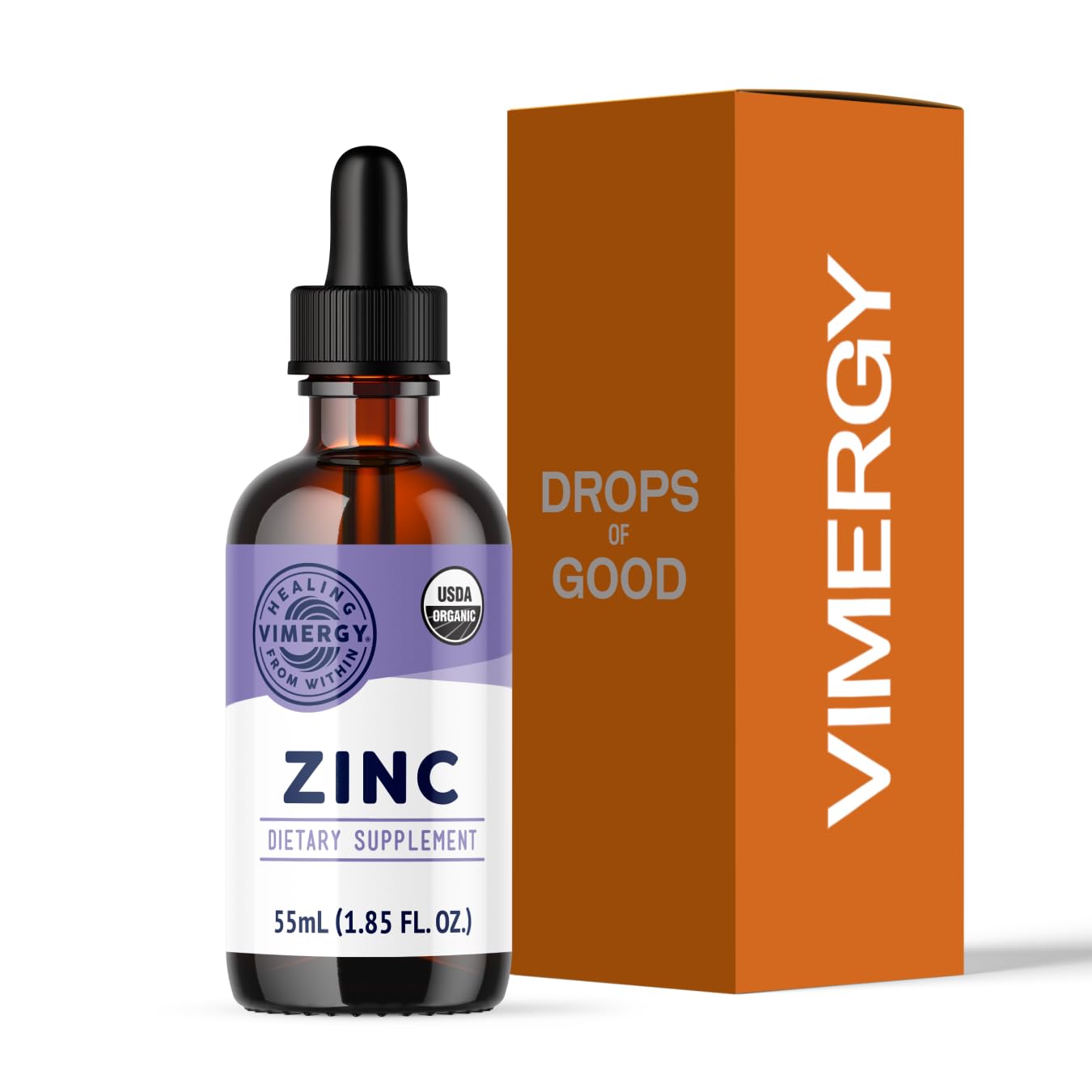 Gotas de zinc Vimergy en frasco, fácil de incorporar en jugo.