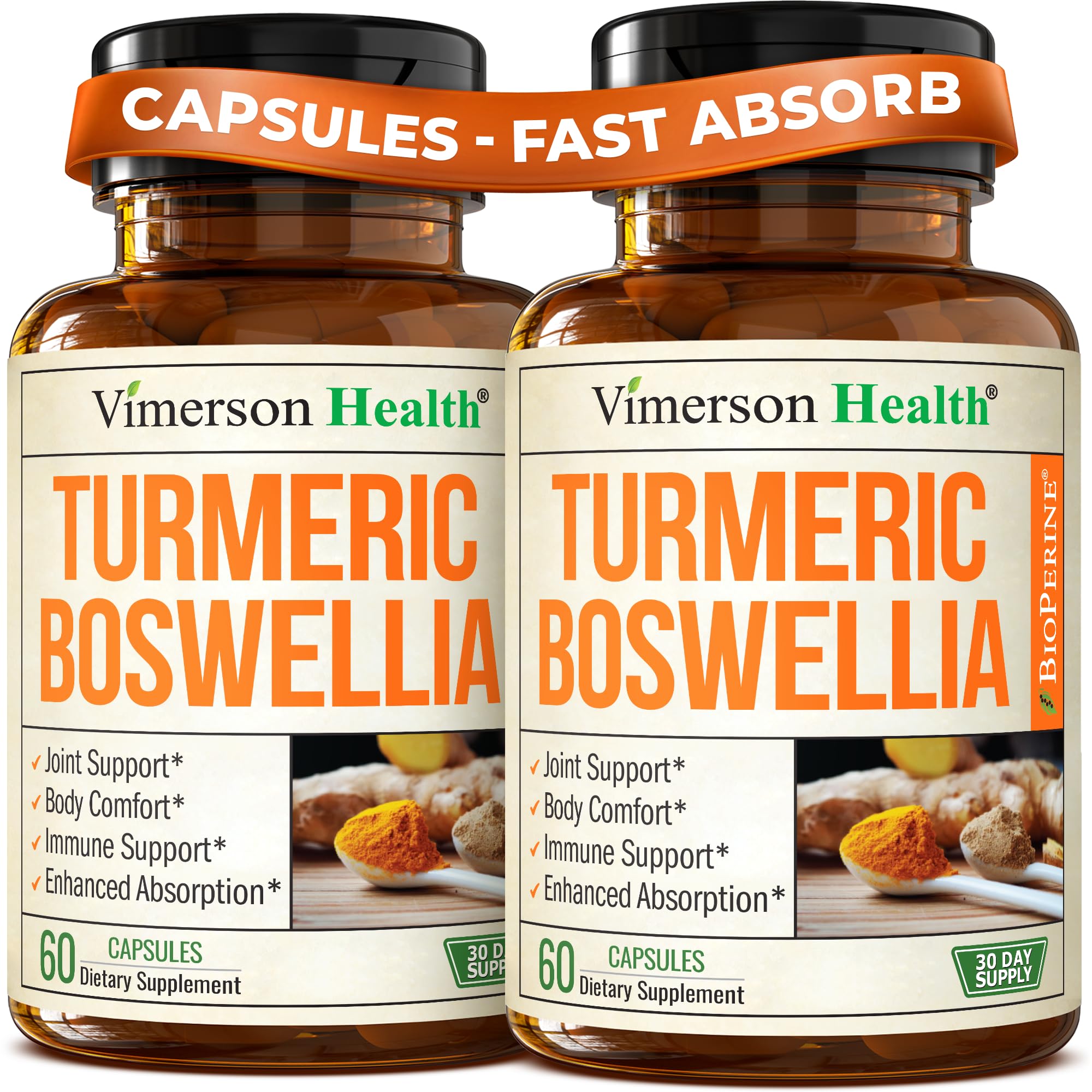 Vimerson Health Boswellia Curcuma, botella mostrando la fórmula para sostén articular diario.