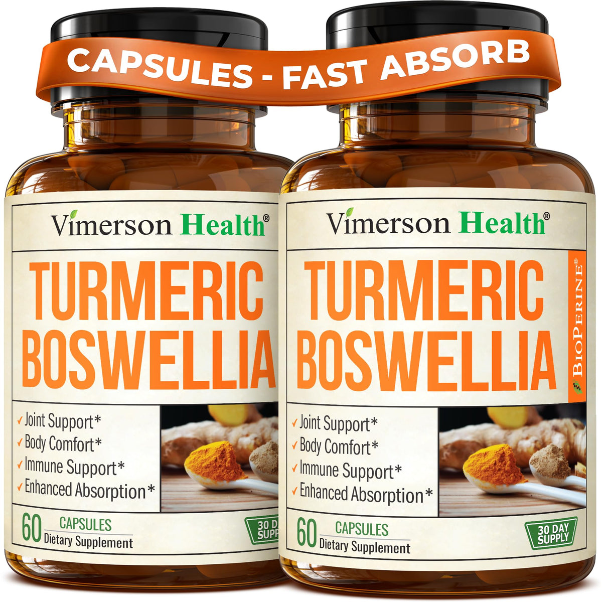 Vimerson Health Boswellia Curcuma, botella mostrando la fórmula para sostén articular diario.
