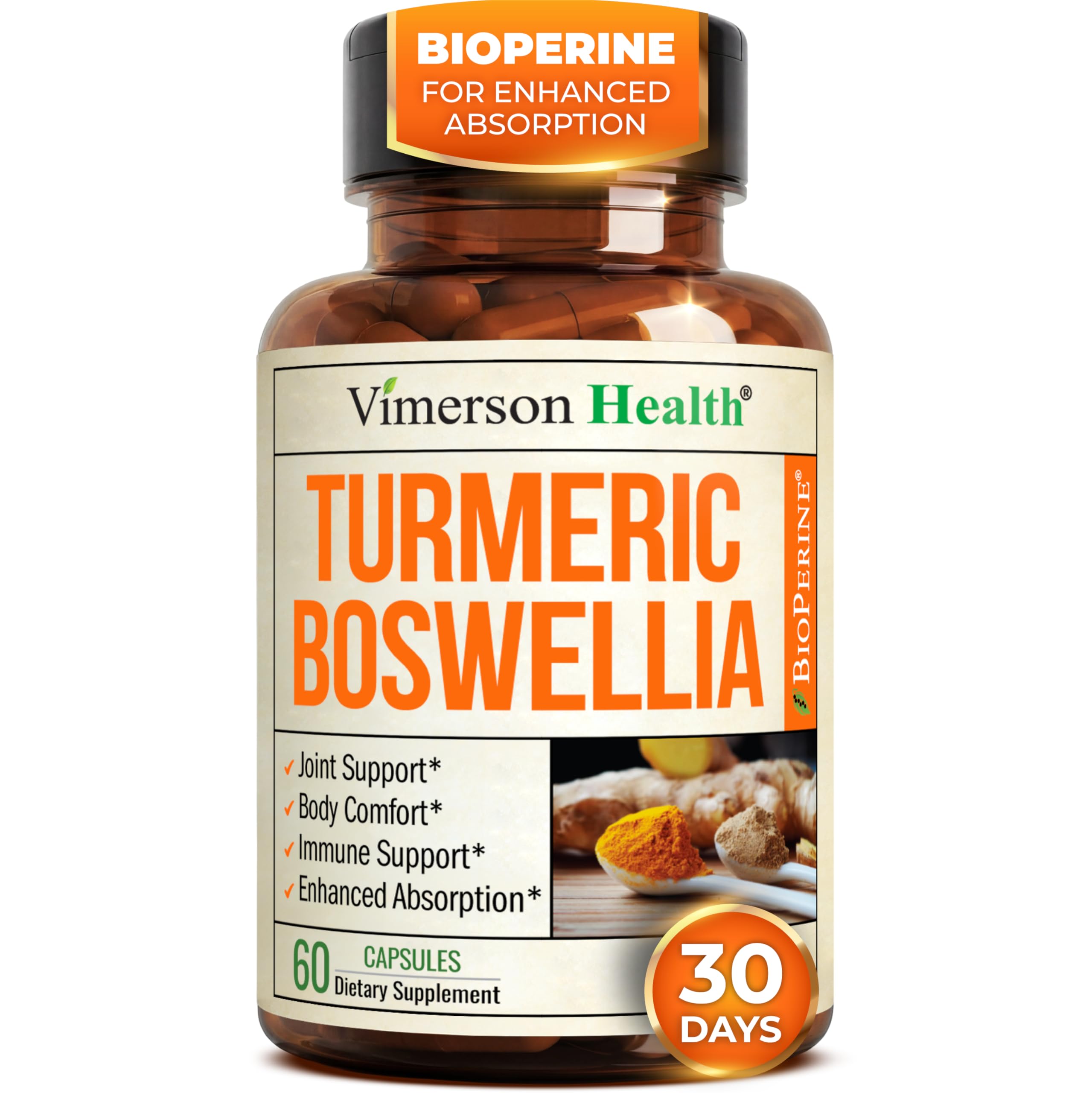 Vimerson Health Boswellia Curcuma cápsulas: apoyo diario para articulaciones y movilidad.