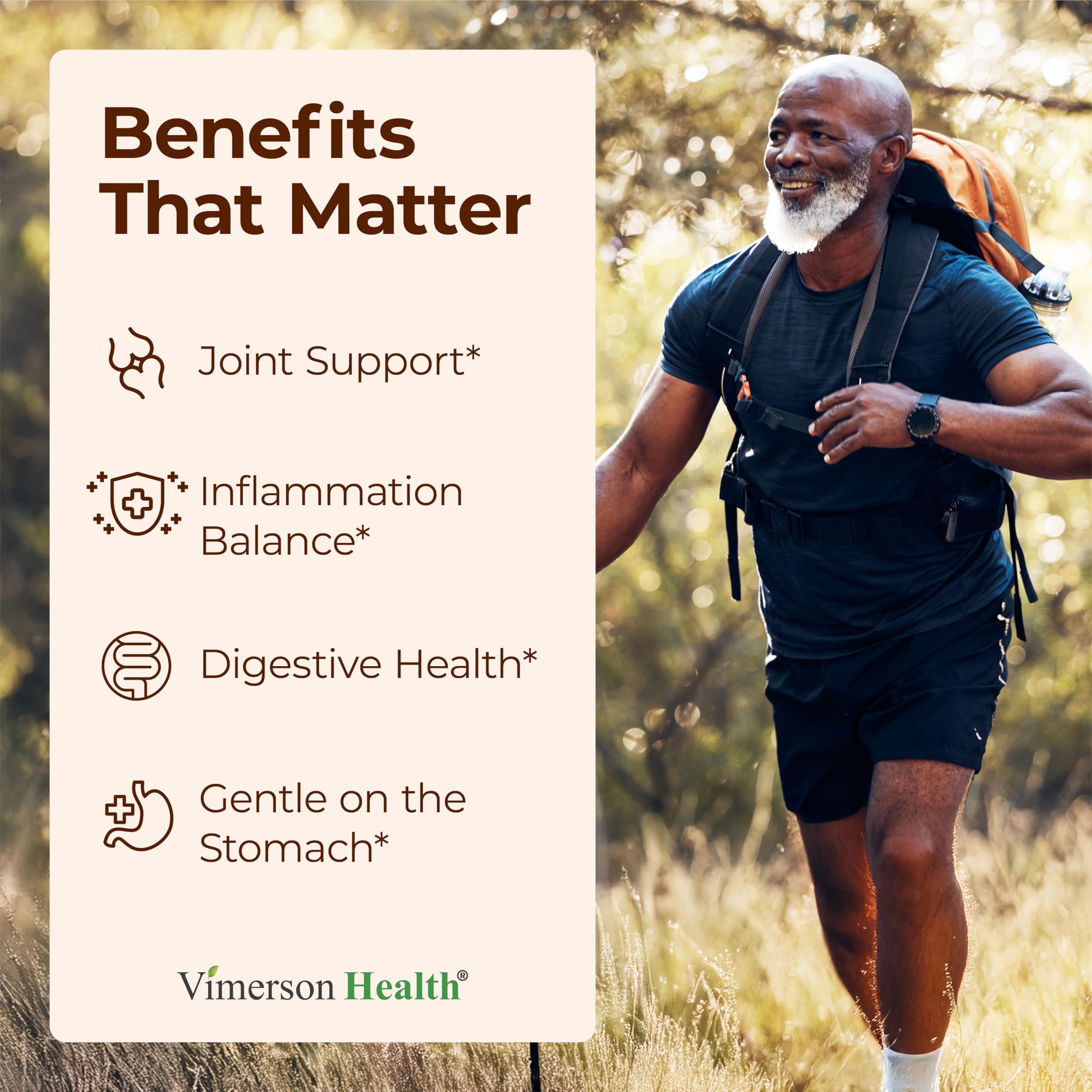 Vimerson Health Boswellia Curcuma, etiqueta clara para información de ingredientes y beneficios.