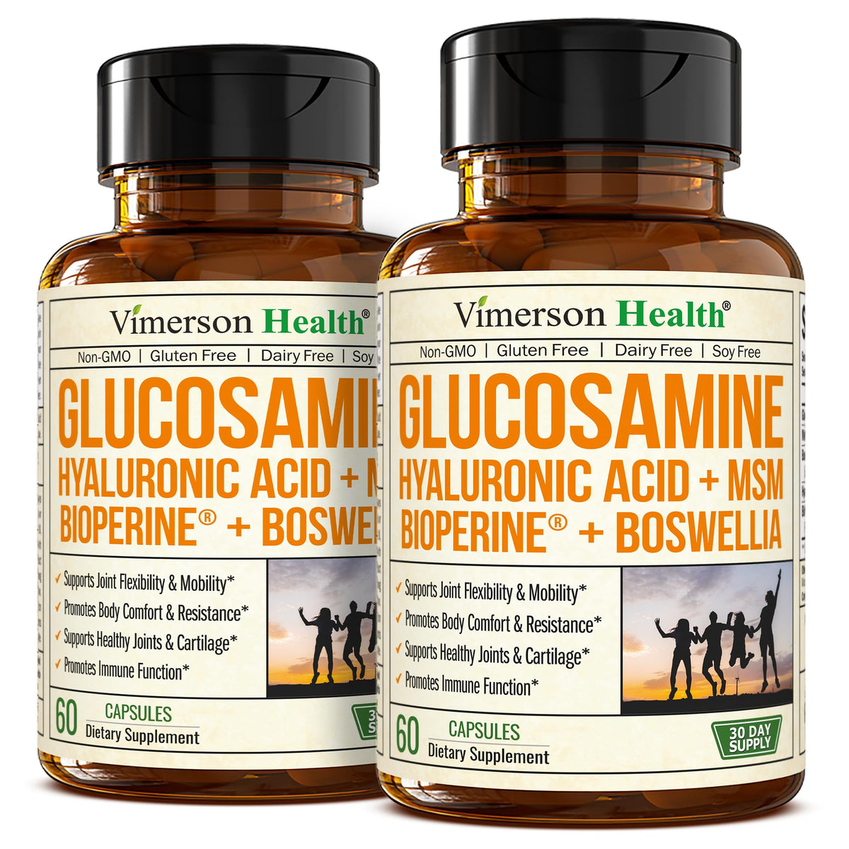 Vimerson Health botella de suplemento con etiqueta clara para soporte articular