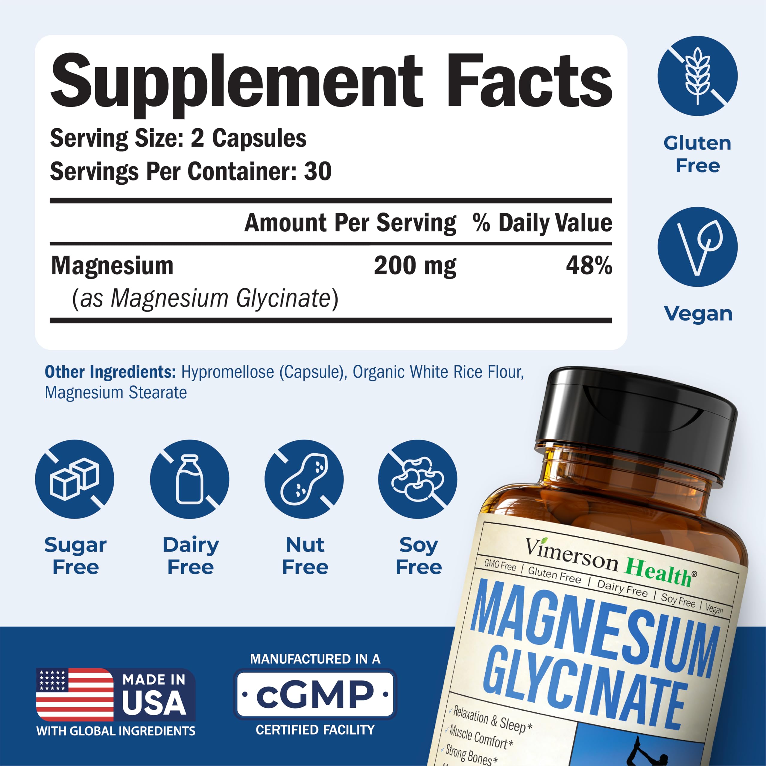 Cápsulas Vimerson Health glicinato magnesio  uso nocturno para dormir mejor