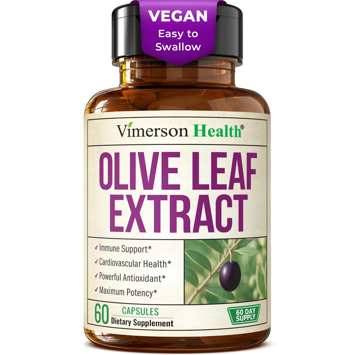 Vimerson Health Extracto de hoja de olivo en cápsulas para apoyo diario de energía.