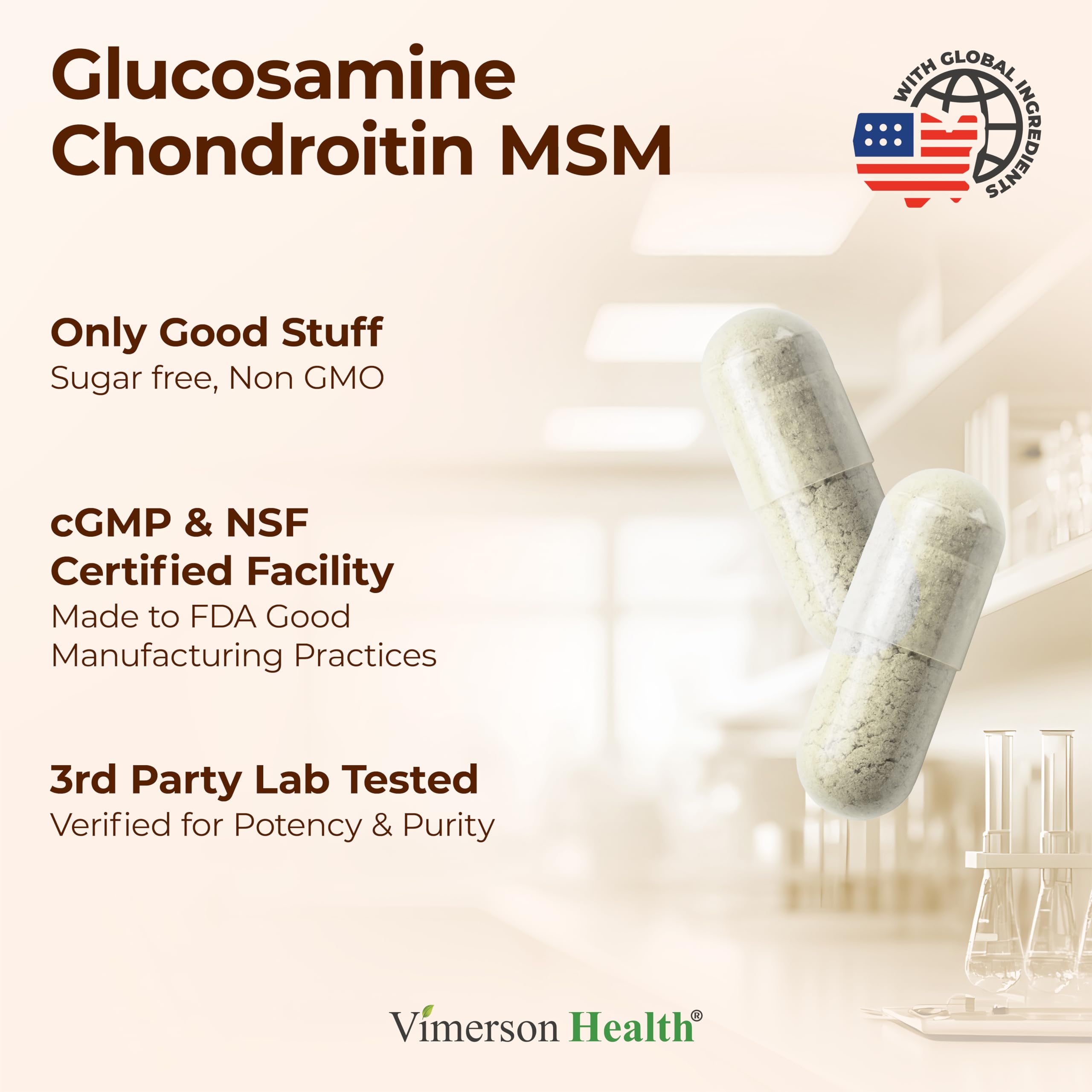 Vimerson Health Glucosamina Condroitina MSM: cápsulas en mano para tomar con comida