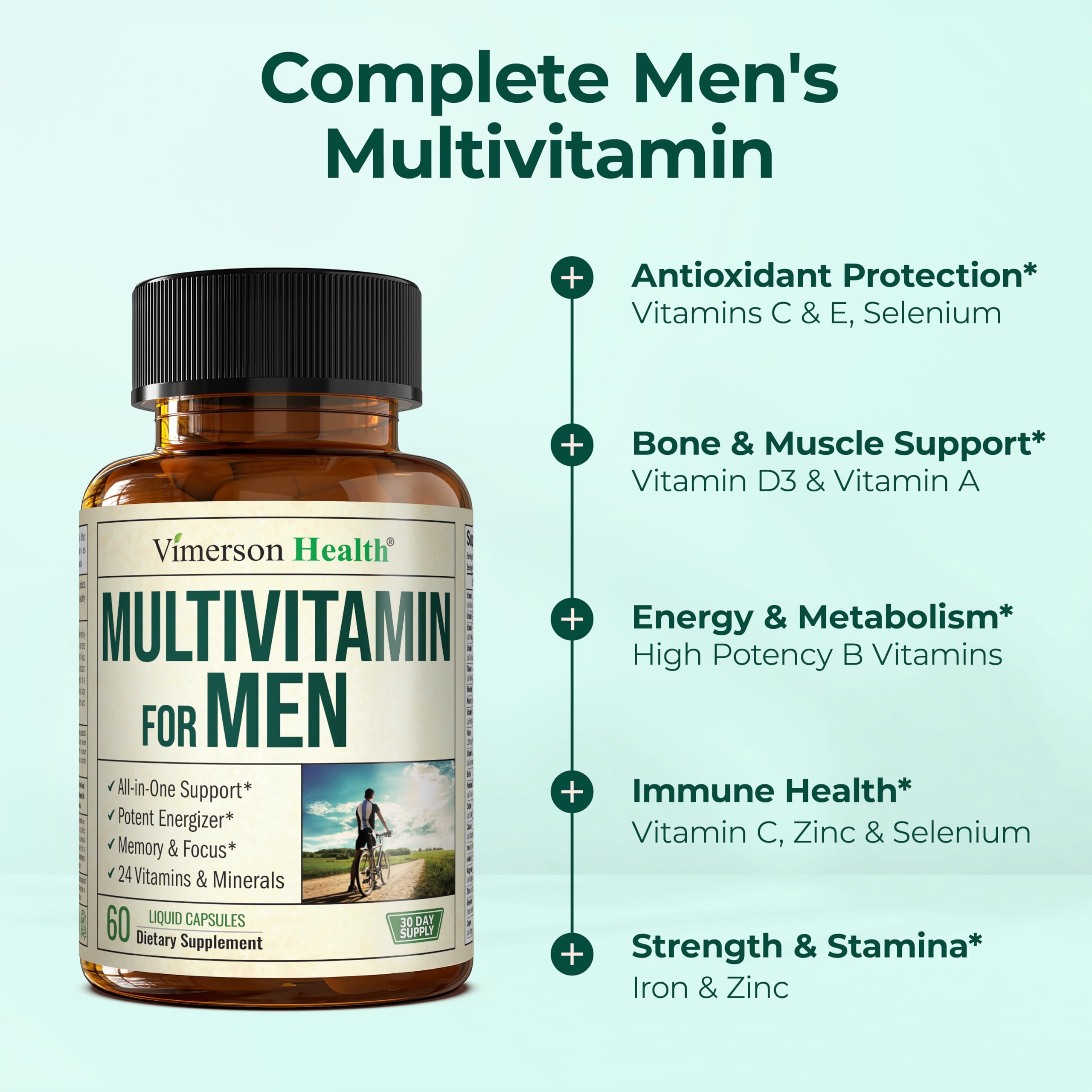 Vimerson Health multivitamínico para hombres, energía diaria y enfoque potencial.