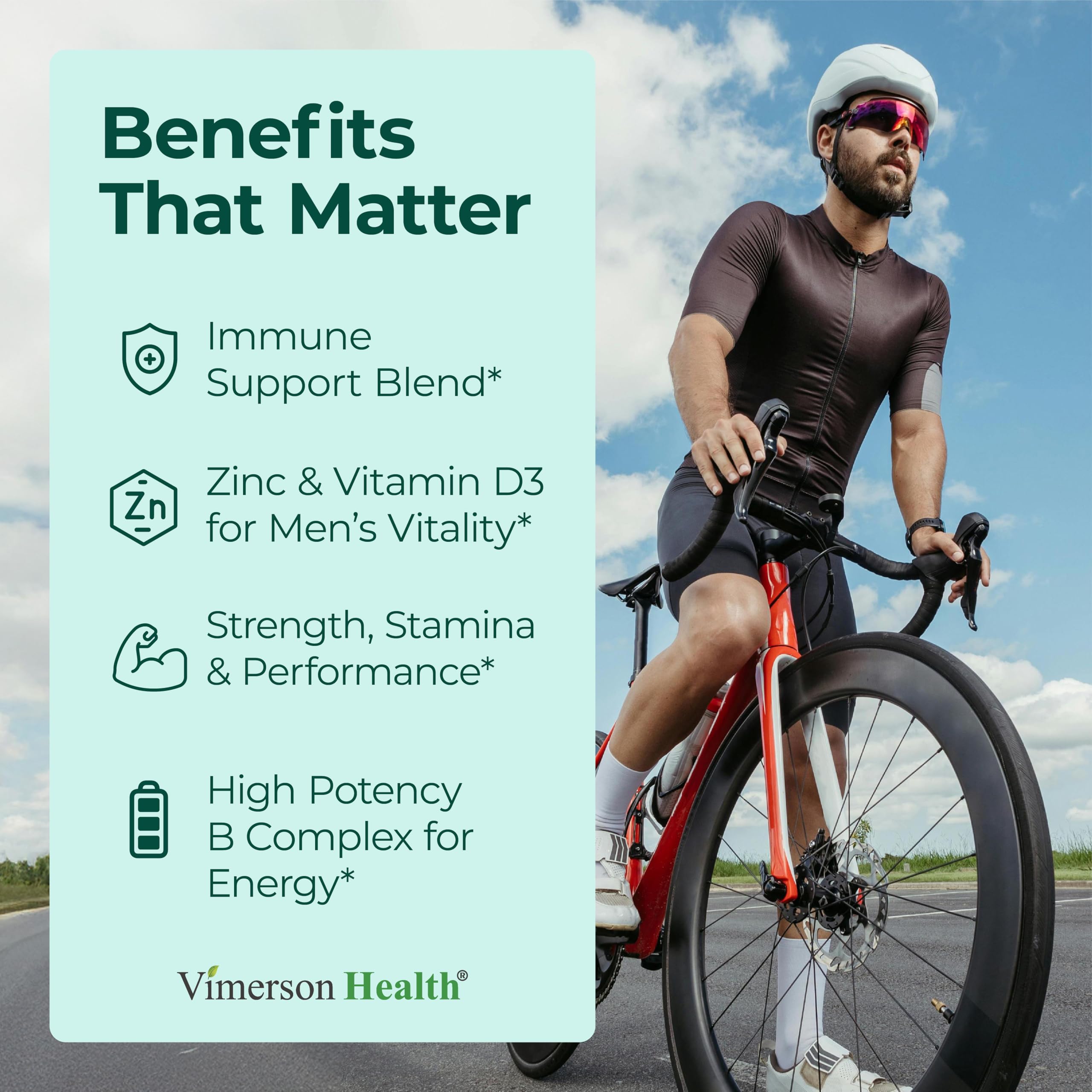 Vimerson Health multivitamínico para hombres, etiqueta frontal, explicación clara de ingredientes clave.