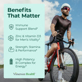 Vimerson Health multivitamínico para hombres, etiqueta frontal, explicación clara de ingredientes clave.