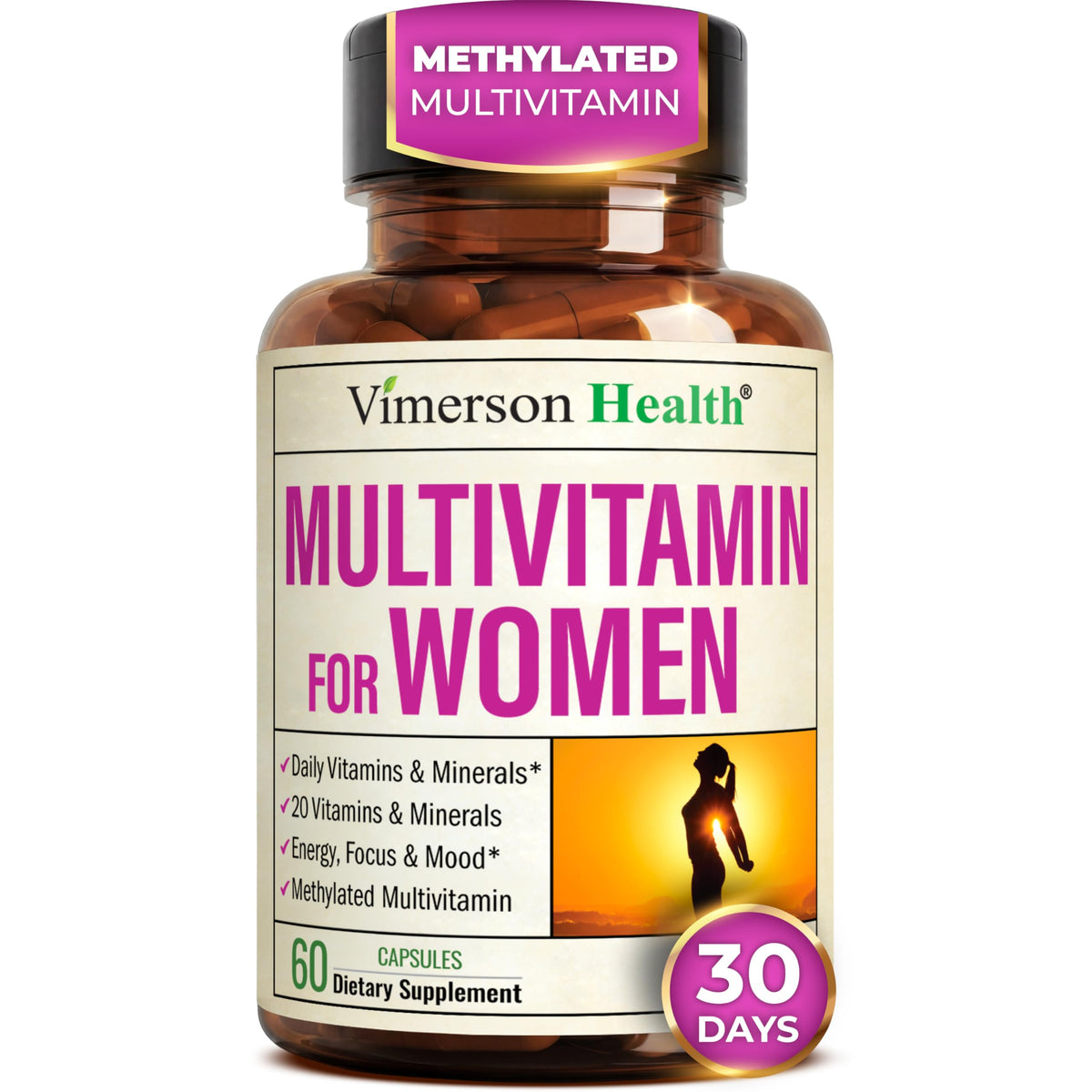 Vimerson Health multivitaminas para mujeres, bote de cápsulas para energía diaria