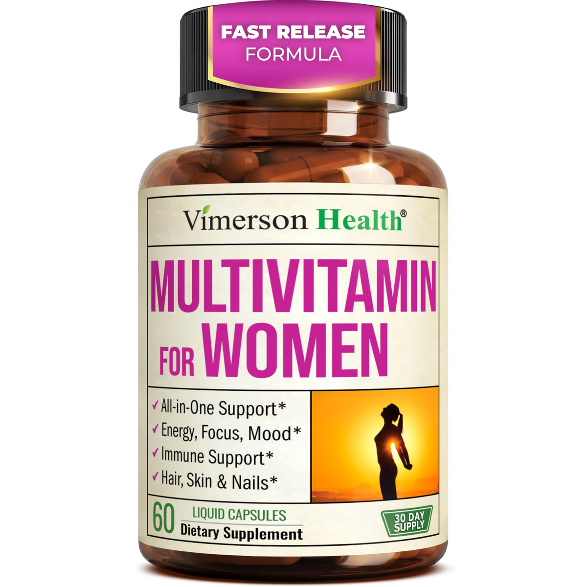 Vimerson Health multivitamínico para mujeres en cápsulas líquidas, energía diaria.