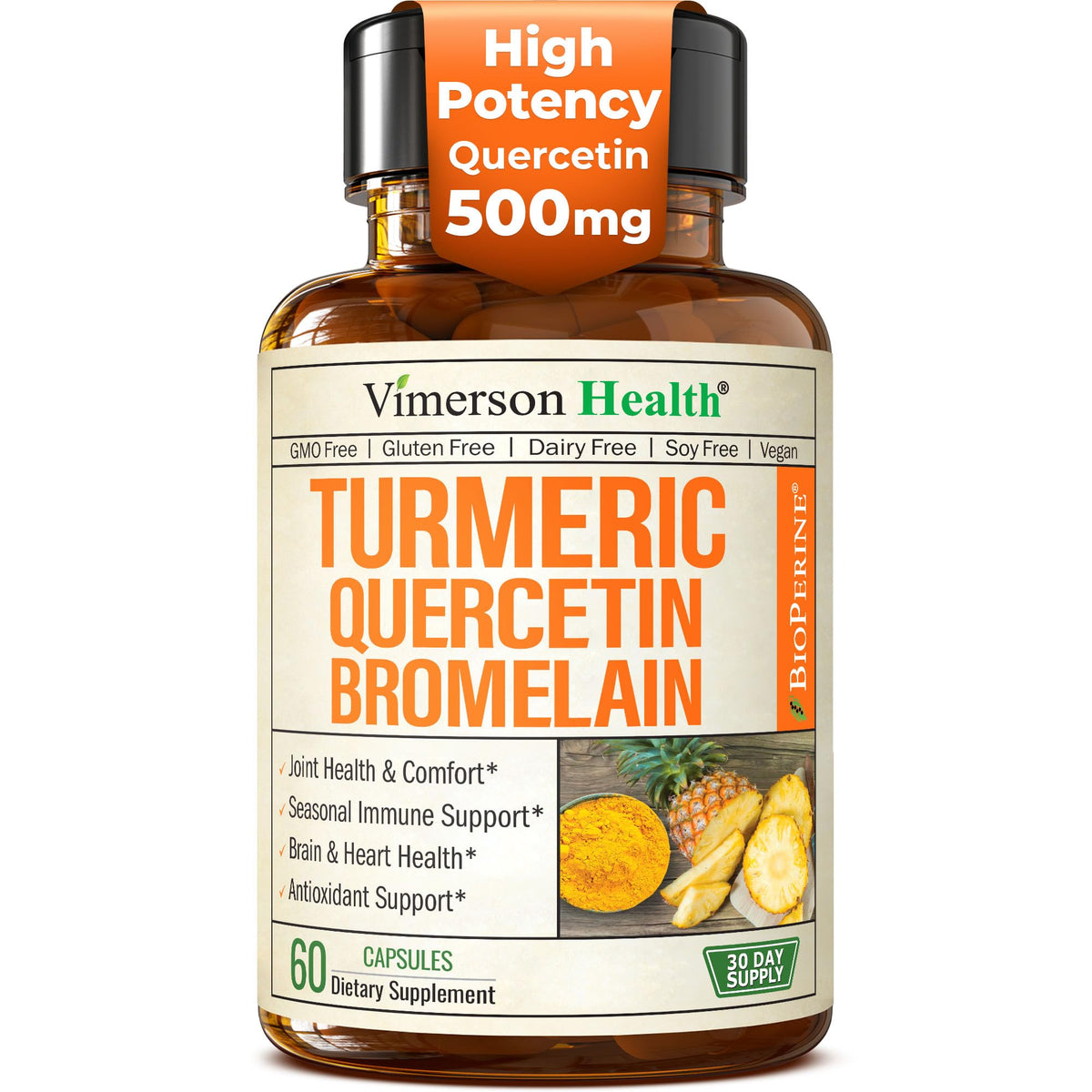 Quercetina con Bromelina y Curcumina de Vimerson Health en caja, apoyo al sistema inmunológico.