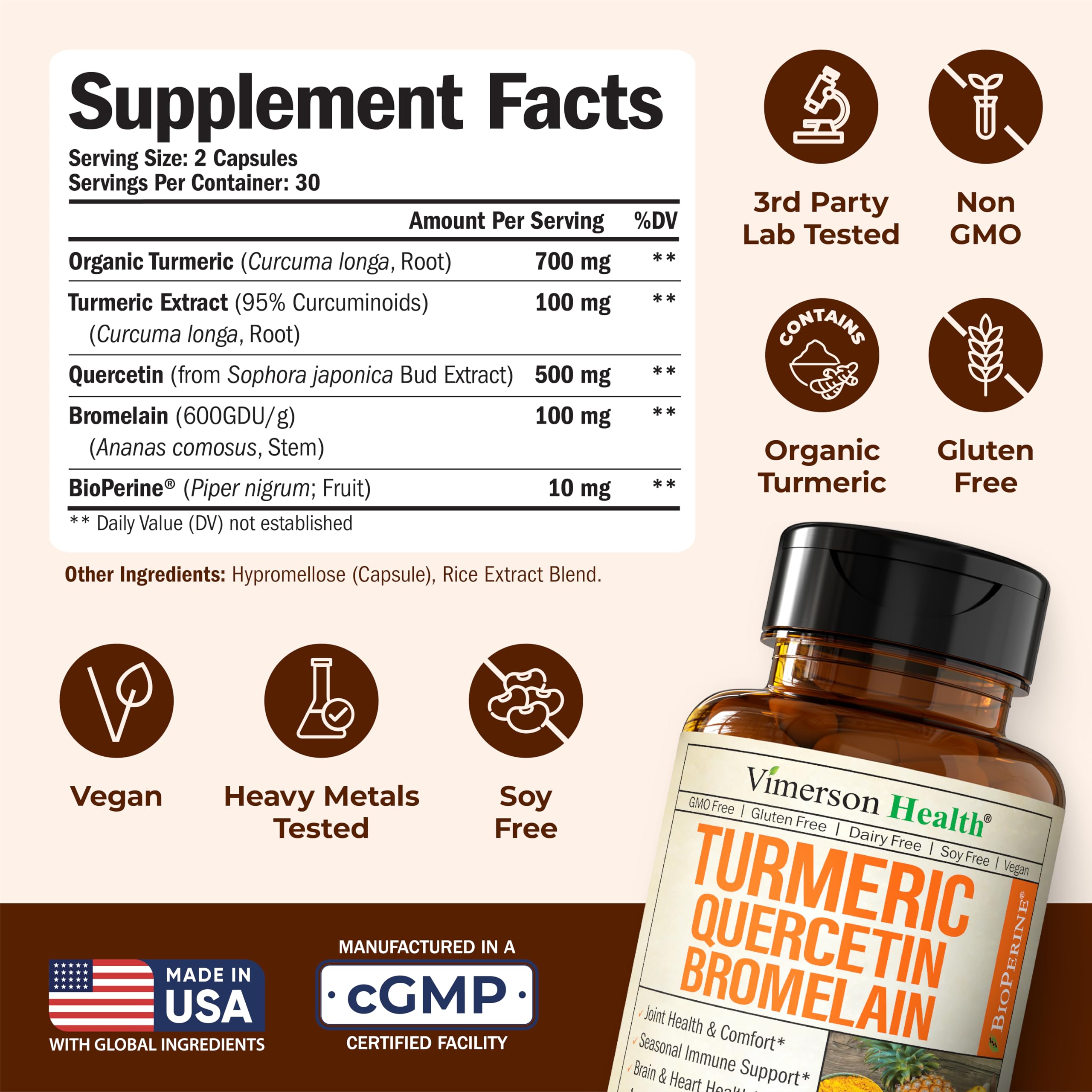Etiqueta de Vimerson Health Quercetina con Bromelina, BioPerine para absorción.