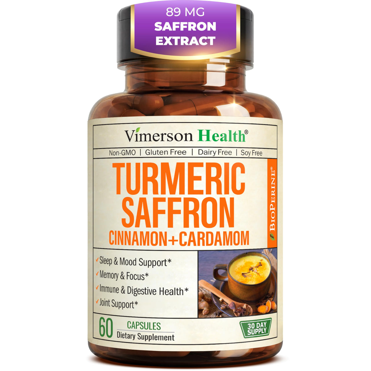 Vimerson Health extracto de azafrán 89 mg en botella para apoyo al estado de ánimo.