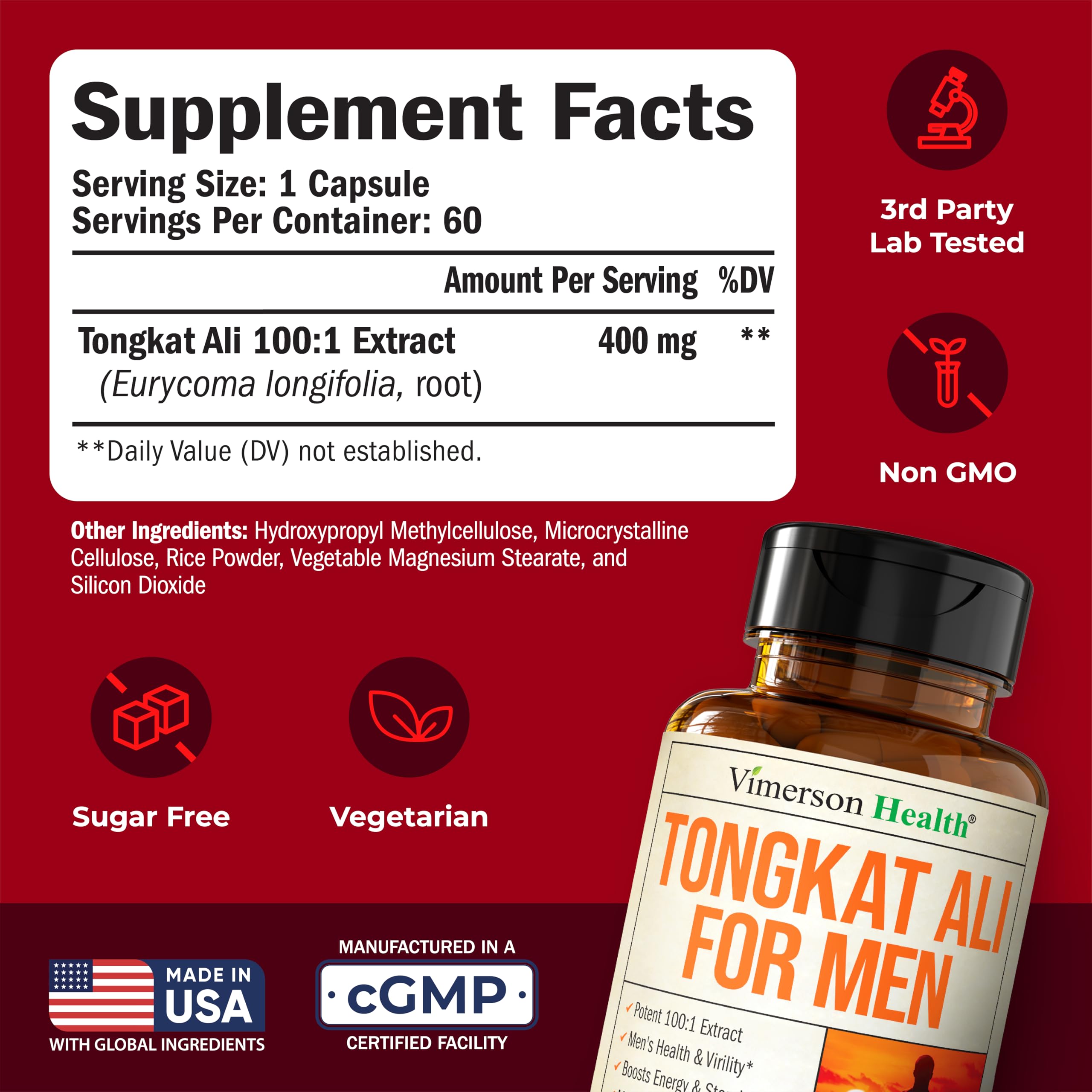 Tongkat Ali mejorado por Vimerson Health, ayuda a la masa muscular de forma natural.