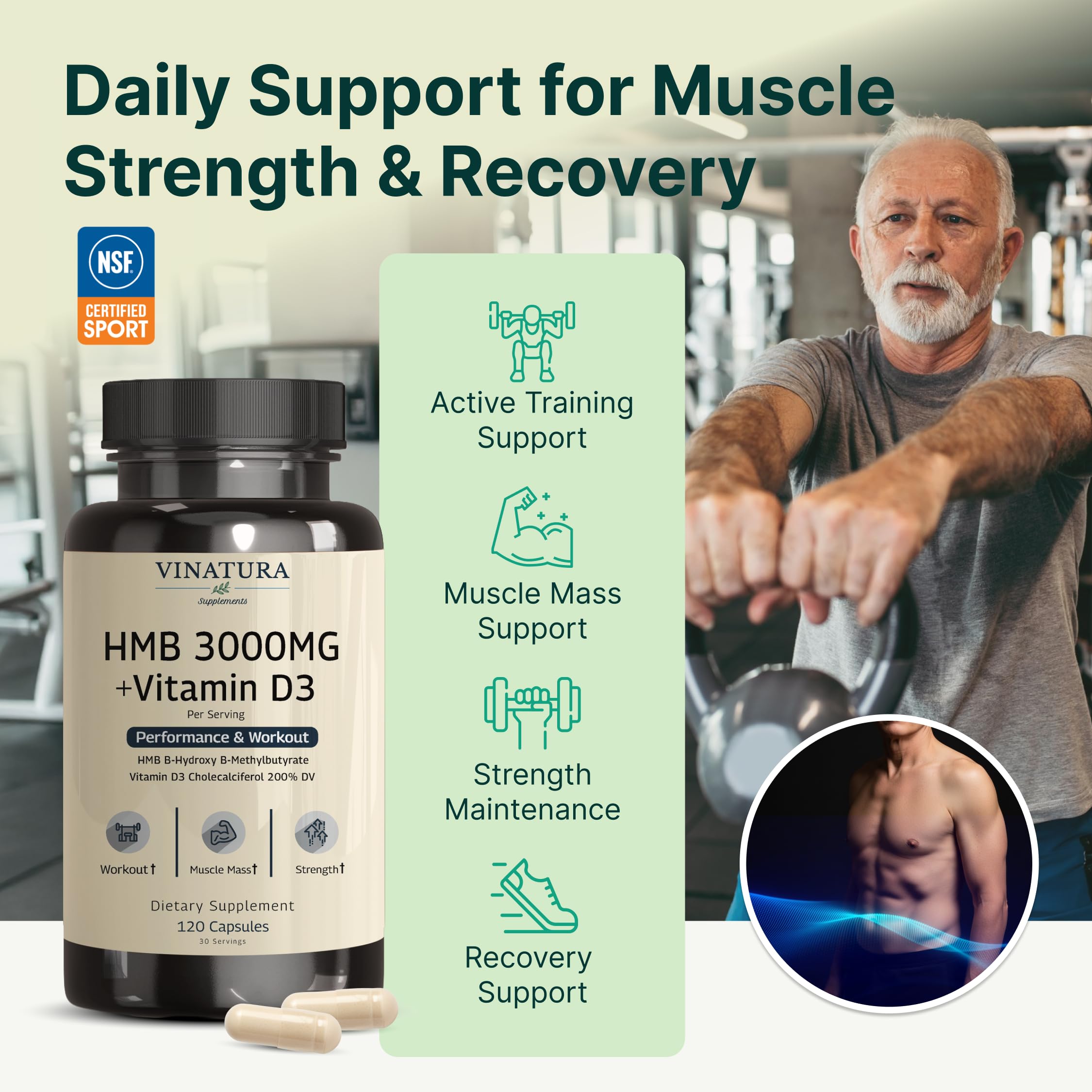 VINATURA HMB 3000mg, cápsulas en primer plano, consumo fácil para músculos