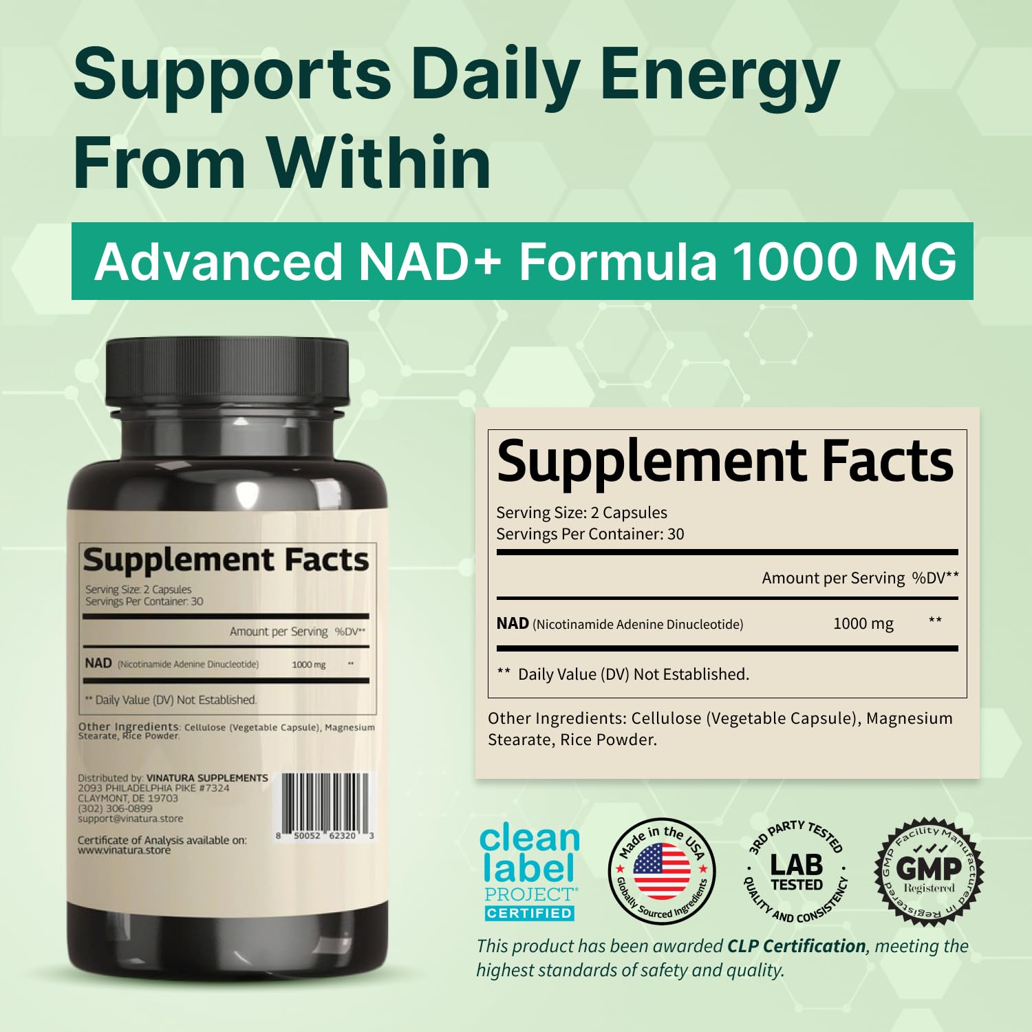 VINATURA NAD 1000mg cápsulas en primer plano, apoyo a energía diaria