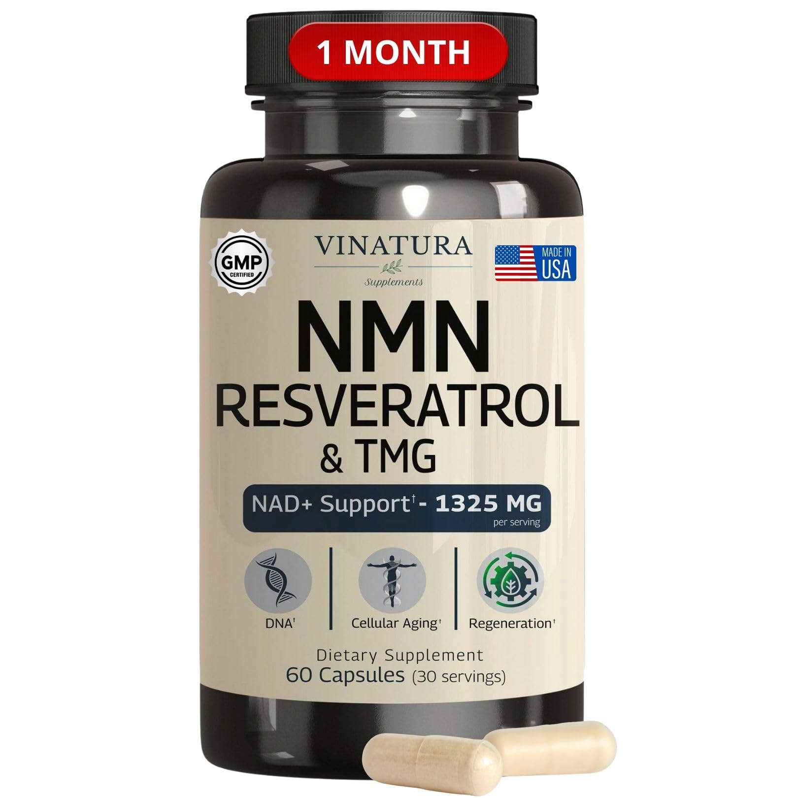 Cápsulas VINATURA NMN Complex para un soporte diario de NAD+ y energía.