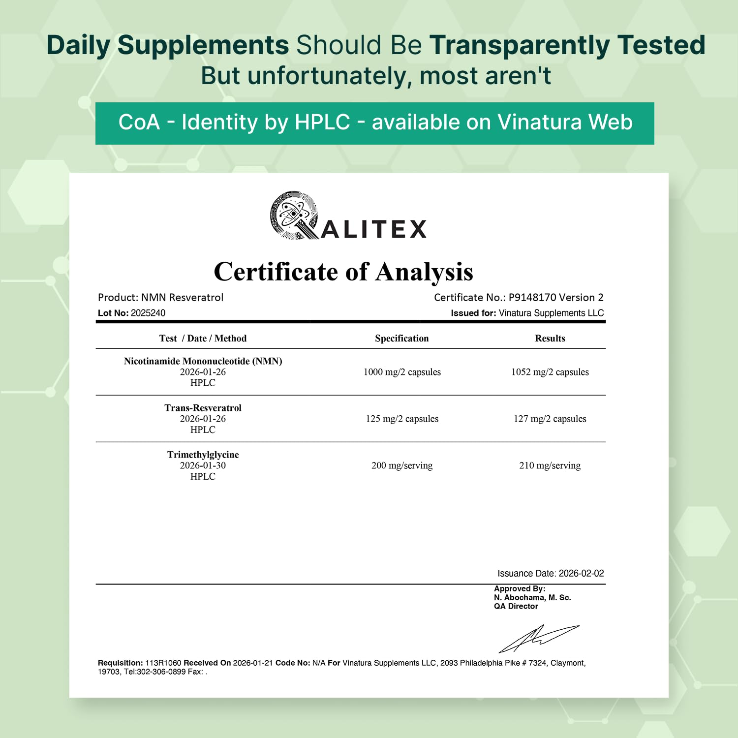 Etiqueta VINATURA NMN Complex con lista de ingredientes clave.