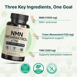 Ingredientes VINATURA NMN Complex: NMN, resveratrol y TMG para soporte celular.