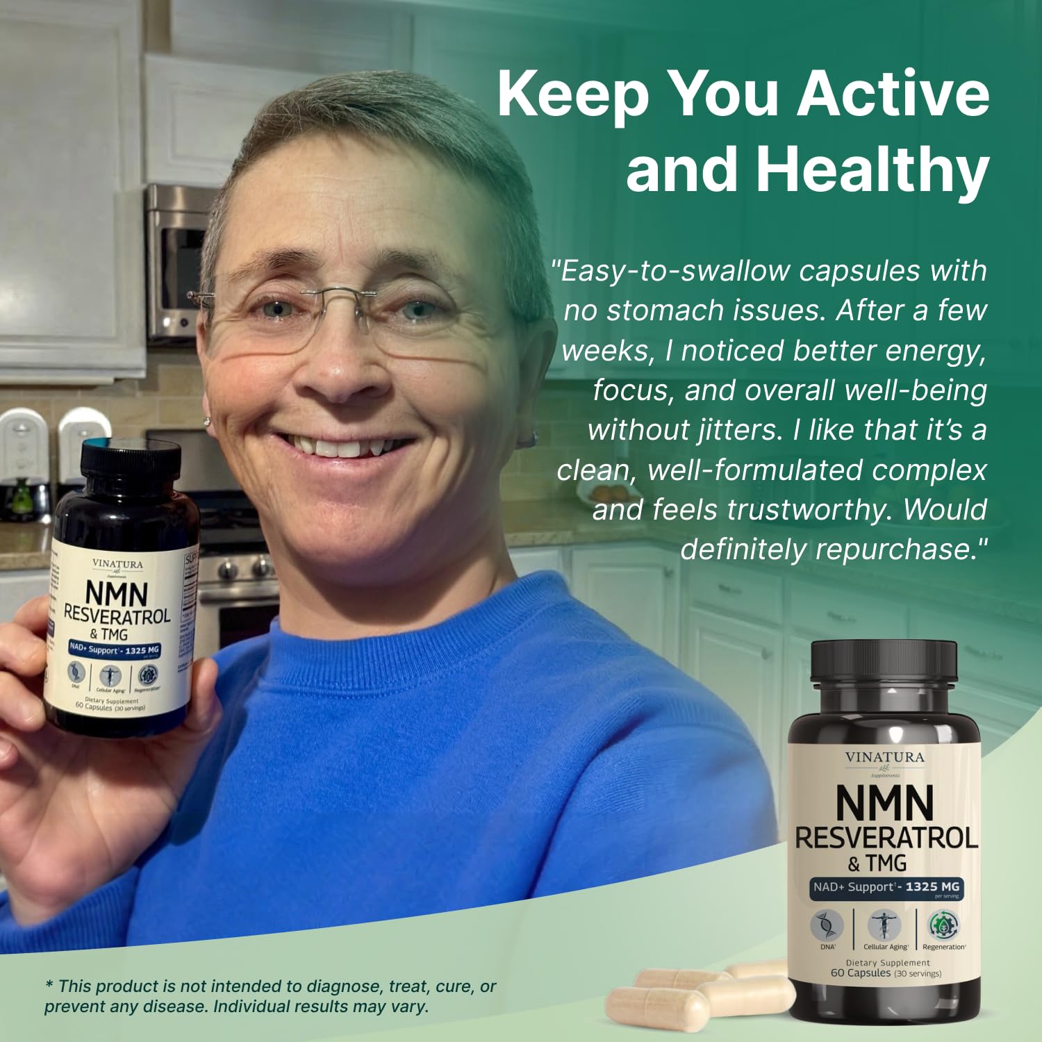Cápsulas VINATURA NMN Complex sin gluten, soja, frutos secos ni lácteos.