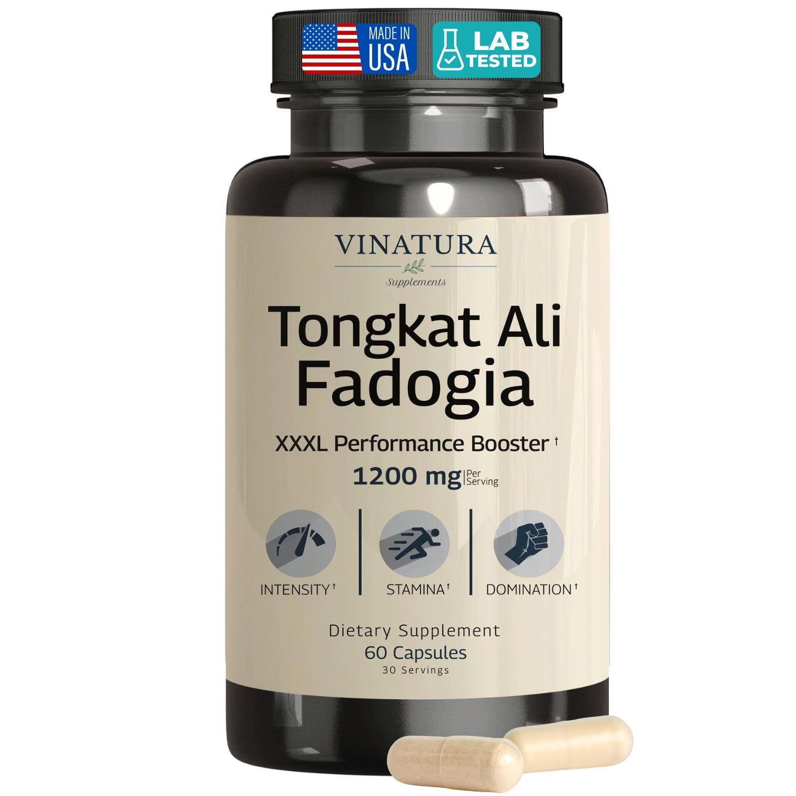 VINATURA Tongkat Ali Fadogia Agrestis en botella: energía sostenida para entrenamiento diario.