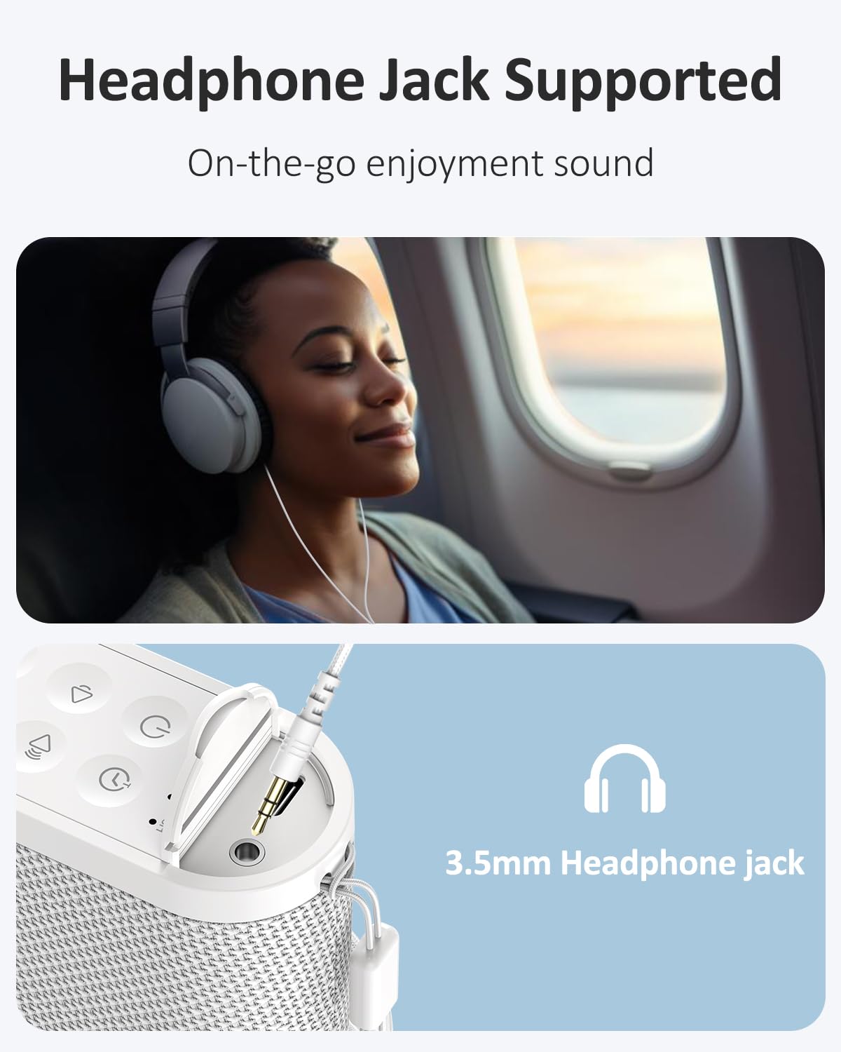 Vindsbay con conector de auriculares de 3.5 mm para escucha en casa o al aire libre.