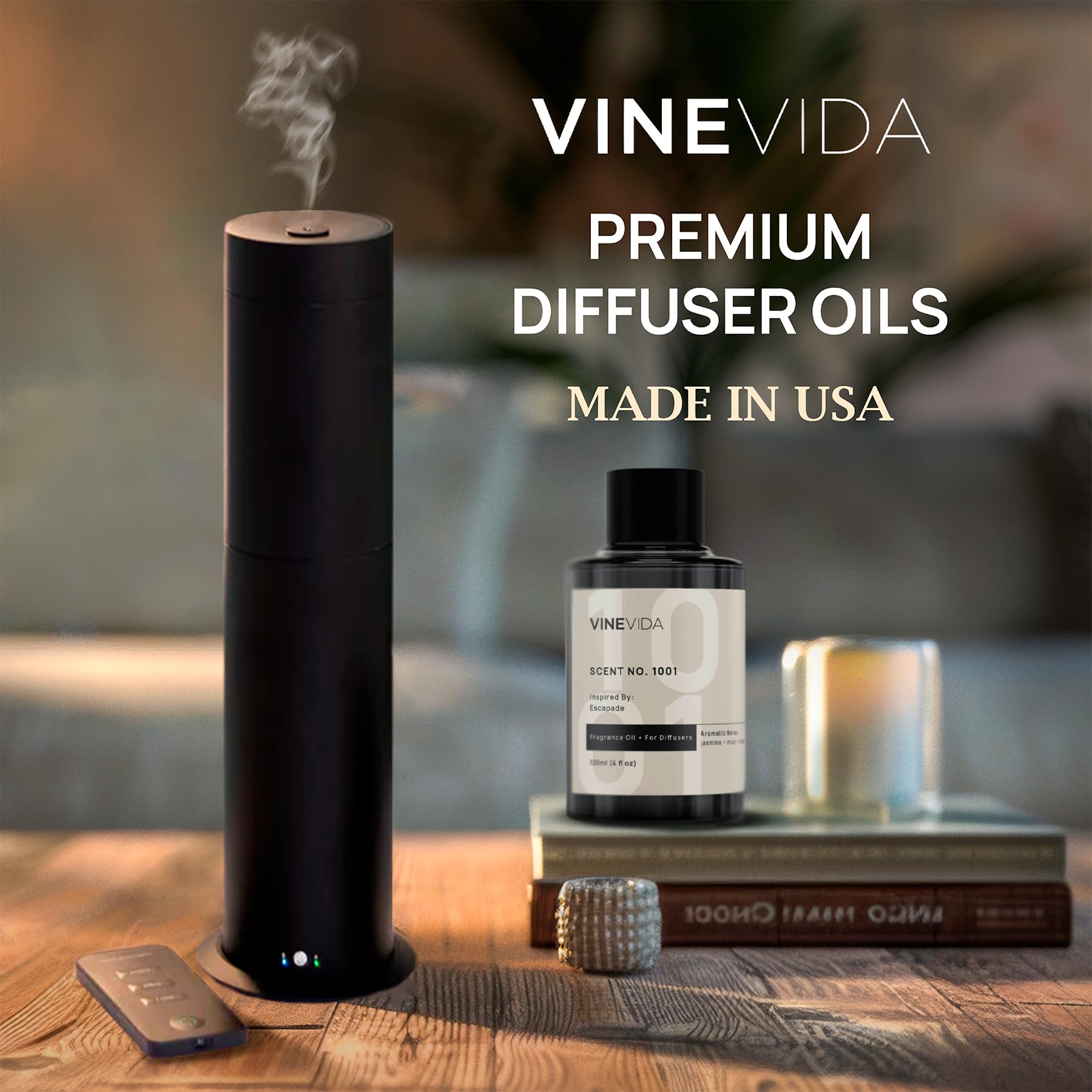 VINEVIDA Escena hogar con difusor, ambiente elegante y relajante.