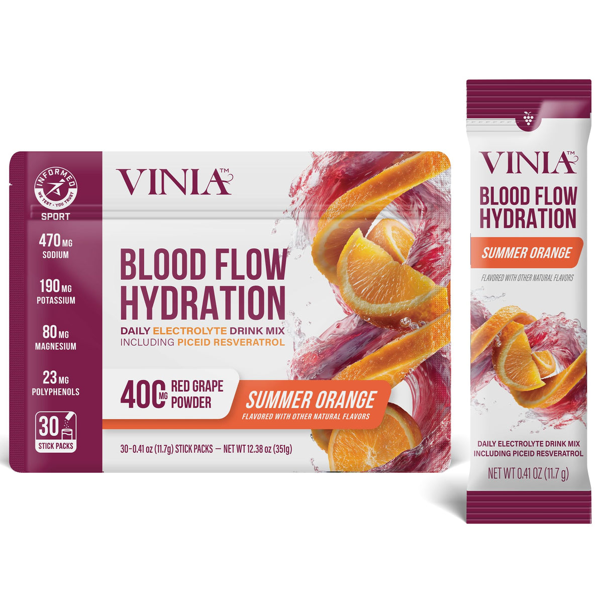 VINIA Resveratrol con electrolitos, polvo de hidratación para absorción eficiente.