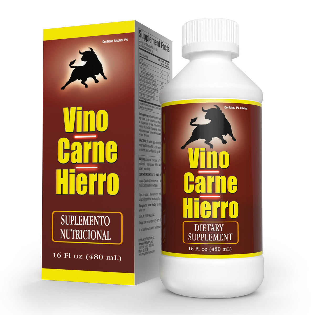 Vino Carne Hierro vertiendo el suplemento líquido desde la botella para apoyo de energía diaria