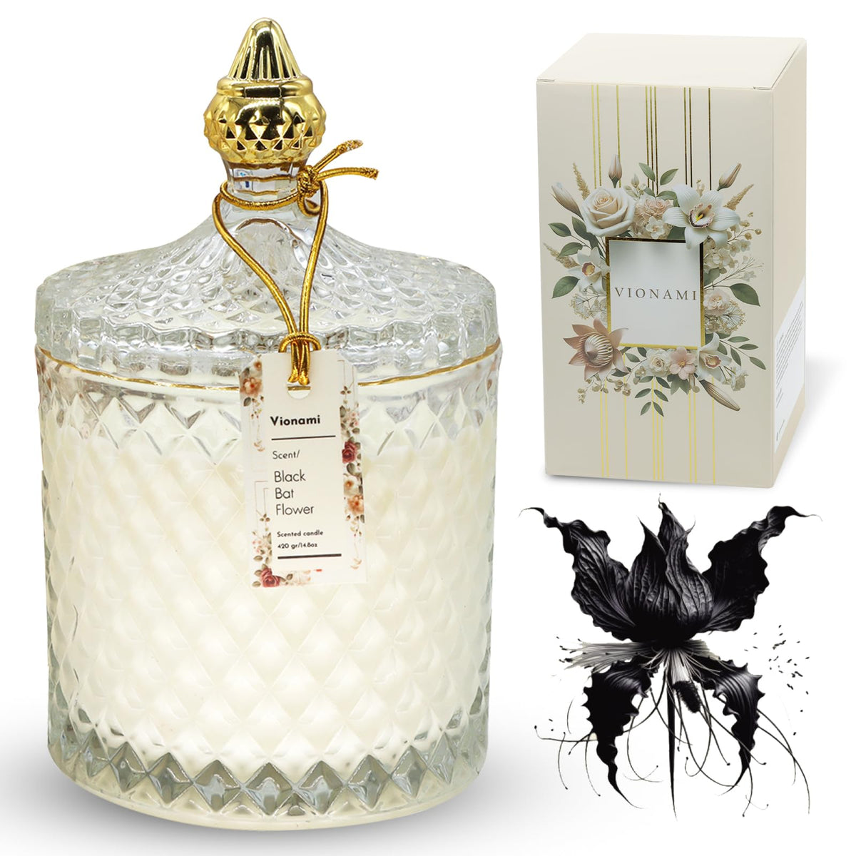 VIONAMI vela lujo en frasco vidriado con patrón diamante para decoración elegante.