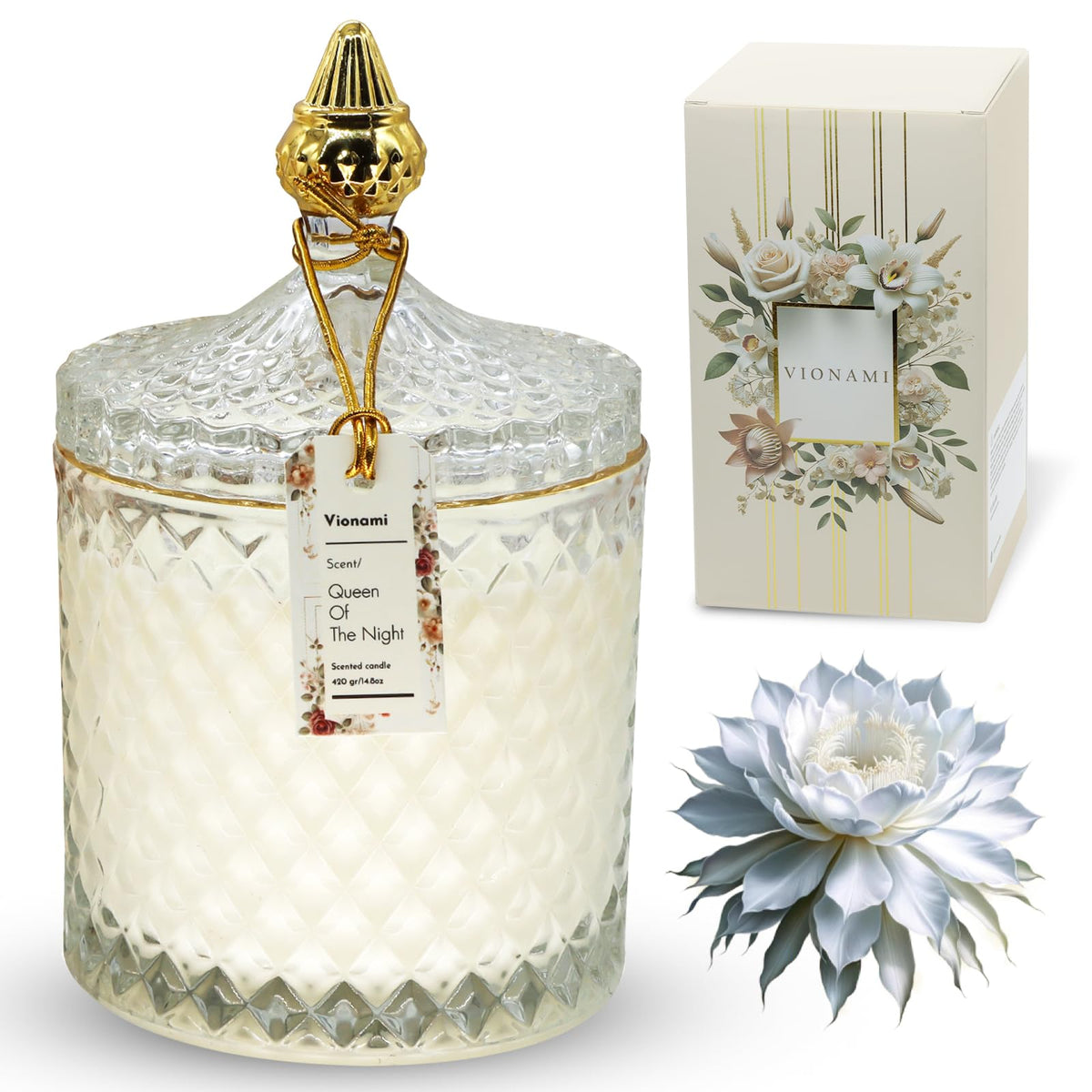 VIONAMI vela Reina de la Noche en frasco de vidrio, lujo decorativo.