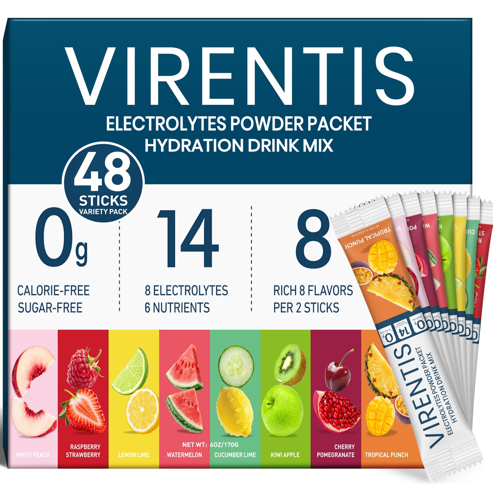 VIRENTIS paquetes electrolitos 48-stick para hidratación rápida durante entrenamientos