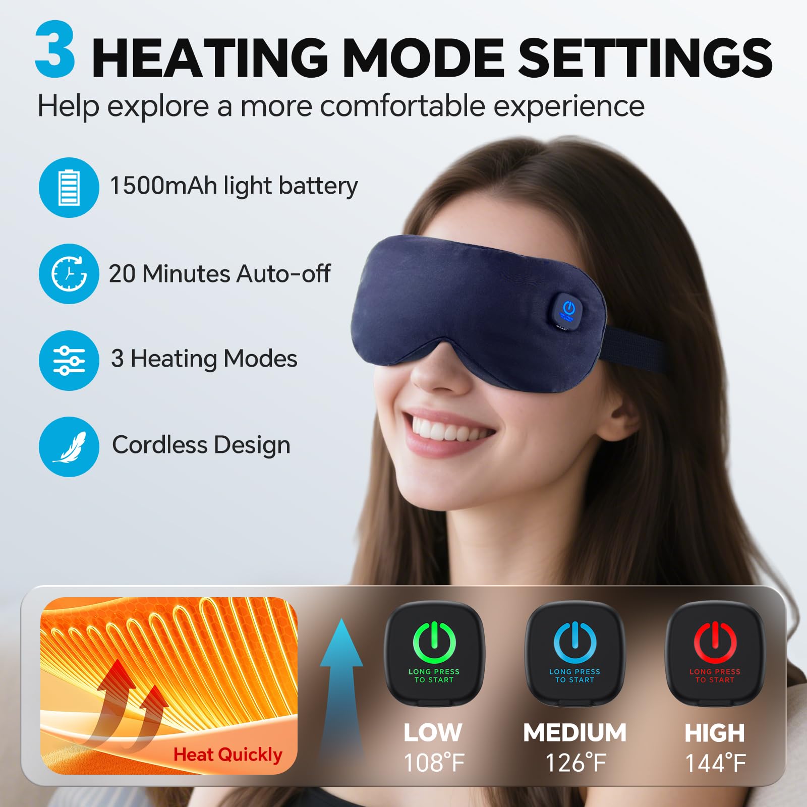 Visader máscara de ojos calefactable, batería de 1500mAh para uso en casa o viaje.