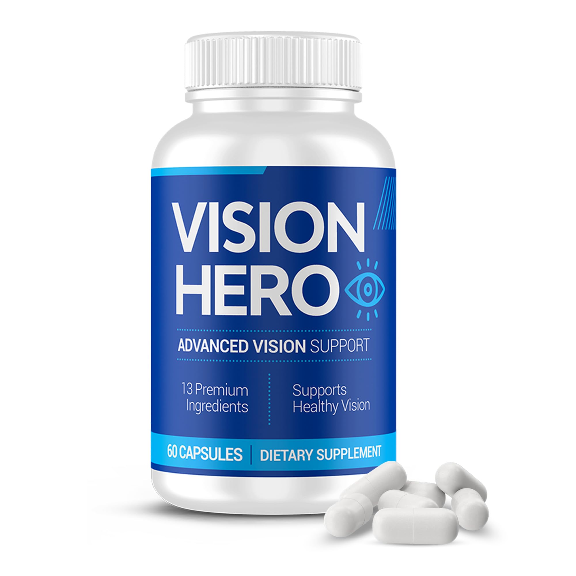 Vision Hero, botella de cápsulas, apoyo diario para la salud visual.