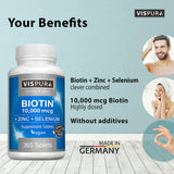VISPURA Biotina tabletas 10000 mcg, fácil de tragar para uso diario.