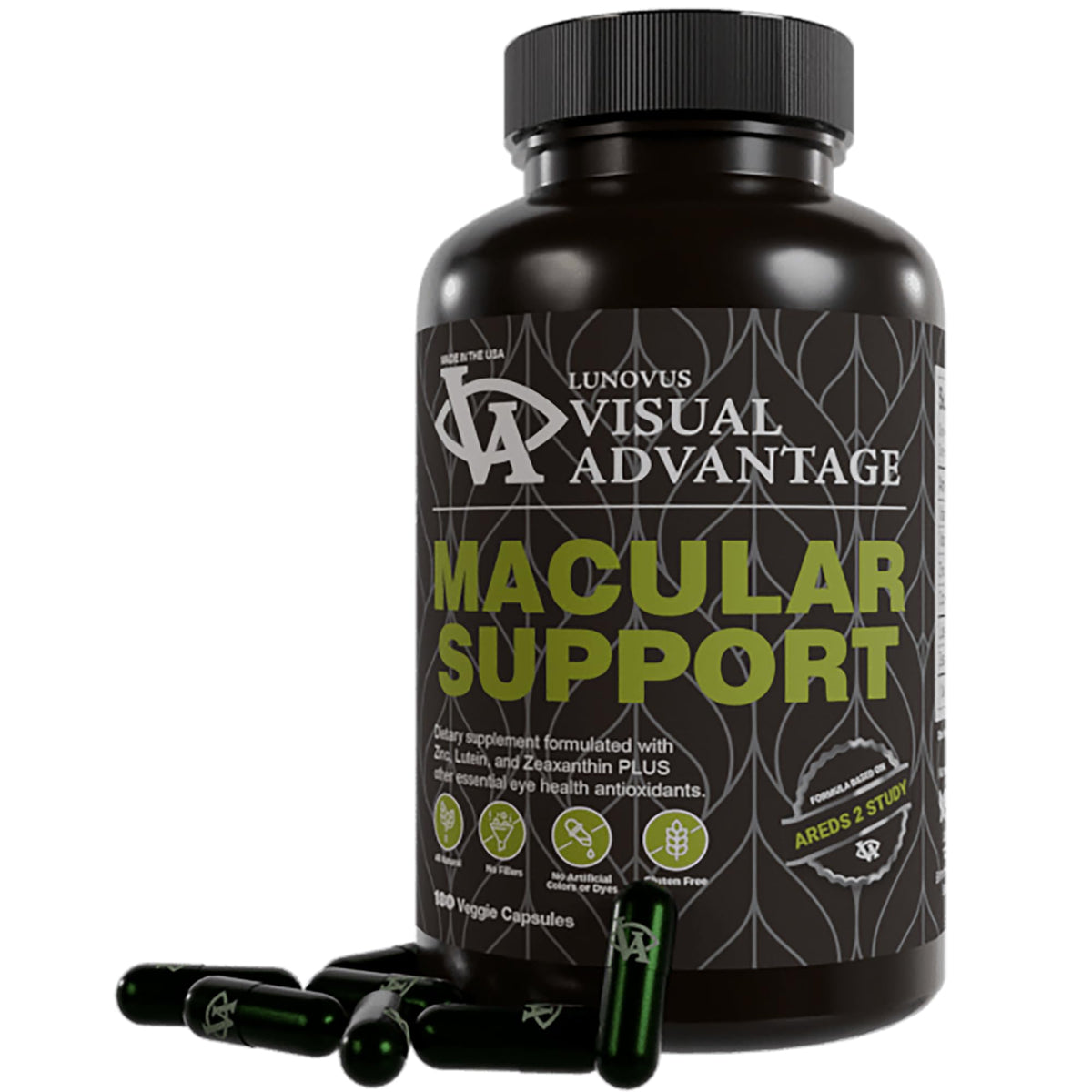 Visual Advantage Macular Support, botella con cápsulas para apoyo diario de la salud visual
