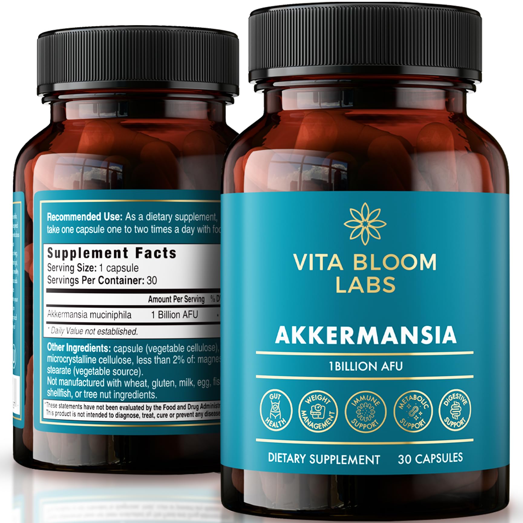 Vita Bloom Labs Akkermansia: botella de probiótico para equilibrio intestinal.