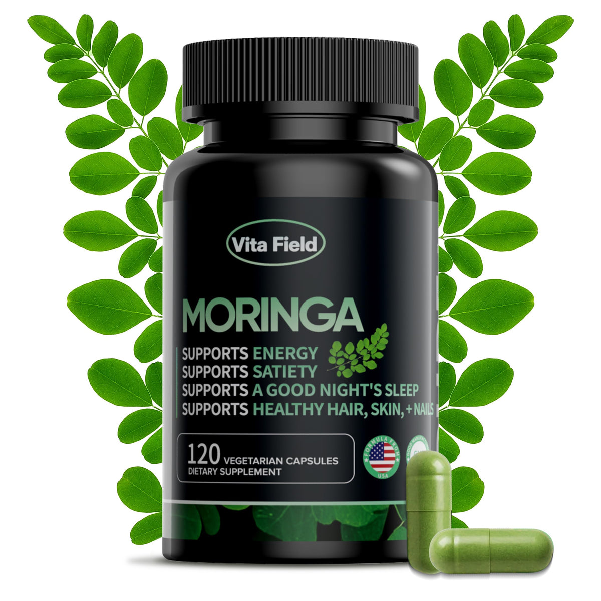 Vita Field Moringa: cápsulas en botella para consumo diario.