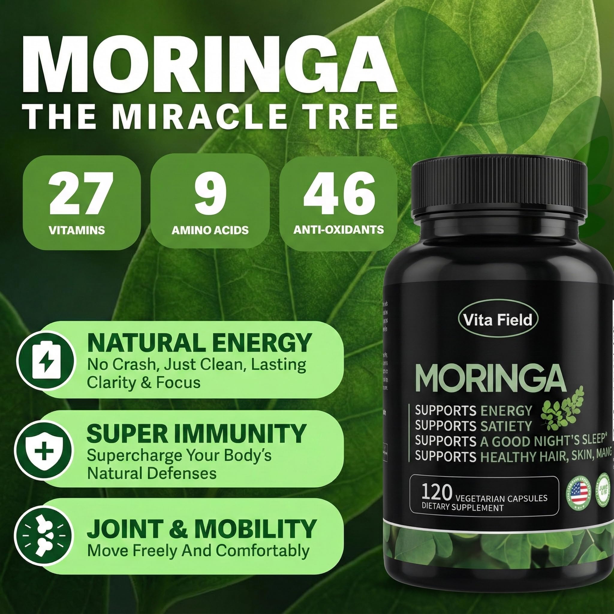 Detalle de cápsula Vita Field Moringa, fácil de tragar.