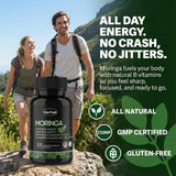 Etiqueta de Vita Field Moringa en botella, pureza y trazabilidad.