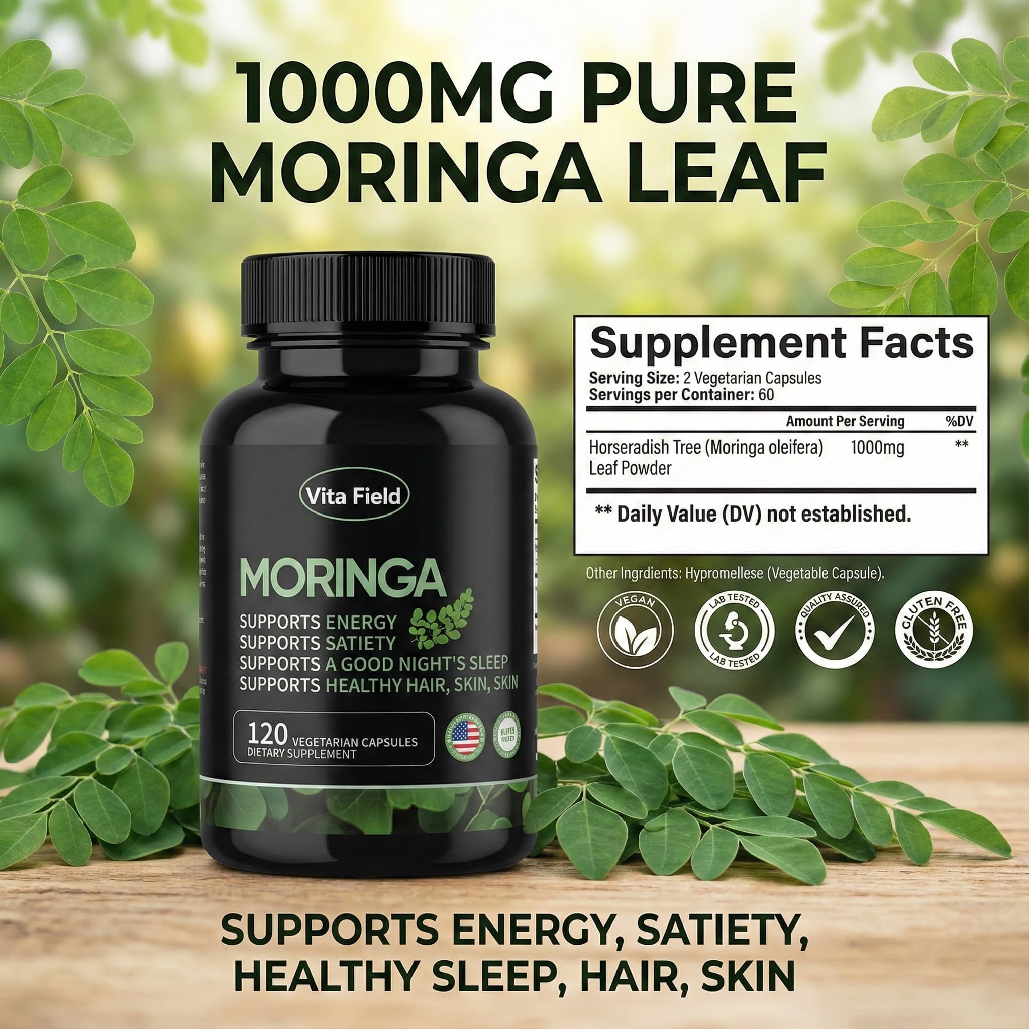 Suministro de tres meses de Vita Field Moringa para conveniencia.