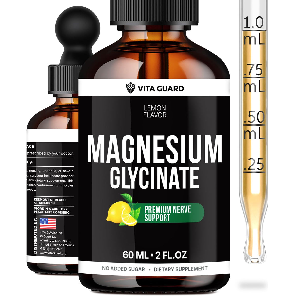 Vita Guard Glicinato Magnesio gotas: botella visible para uso diario seguro.