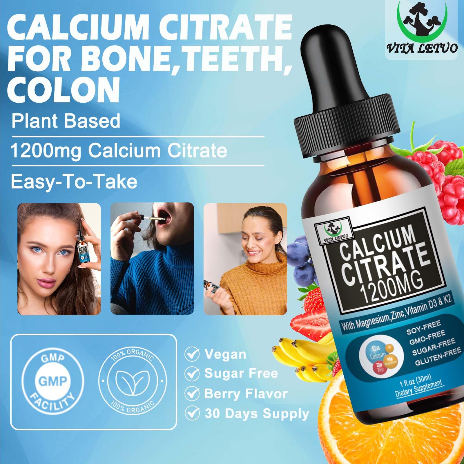 Vita Letuo calcio citrato líquido de alta absorción para huesos y dientes.