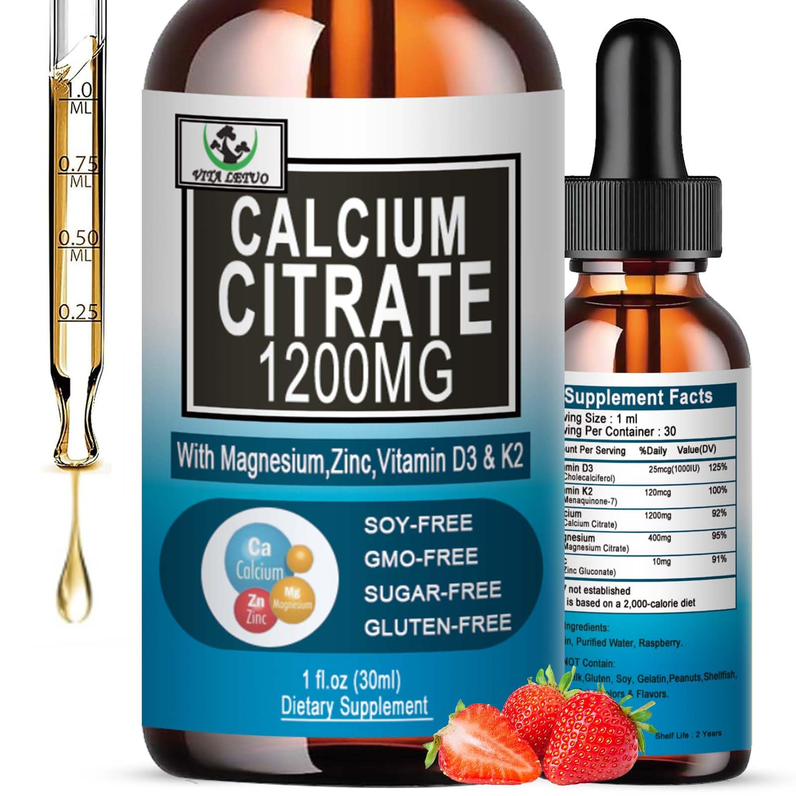 Vita Letuo gotas calcio citrato 1200 mg en botella para uso diario.